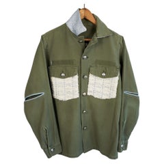 White Lurex Tweed Jacket Green Military Used Repurposed J Dauphin Small
