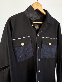Vintage-Repurposed-Militärjacke aus schwarzem und blauem Tweed, J Dauphin groß
