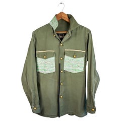 Used Repurposed Military Jacket Green Silver Lurex Tweed J Dauphin Small