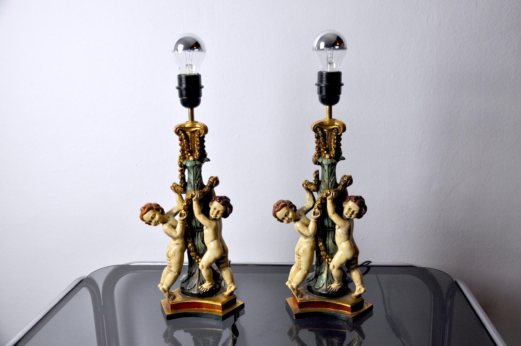 Very nice pair of rococo lamps in resin produced and designed in France in the 1970s. This pair of lamps will bring a real touch of decoration in your interior.
* The cable of this item may be original and might need replacement, if not specified