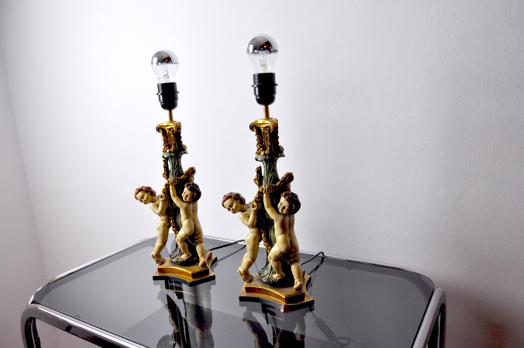 Hollywood Regency Vintage Resin Cherub Lamps, France, 1970, Set of 2 For Sale