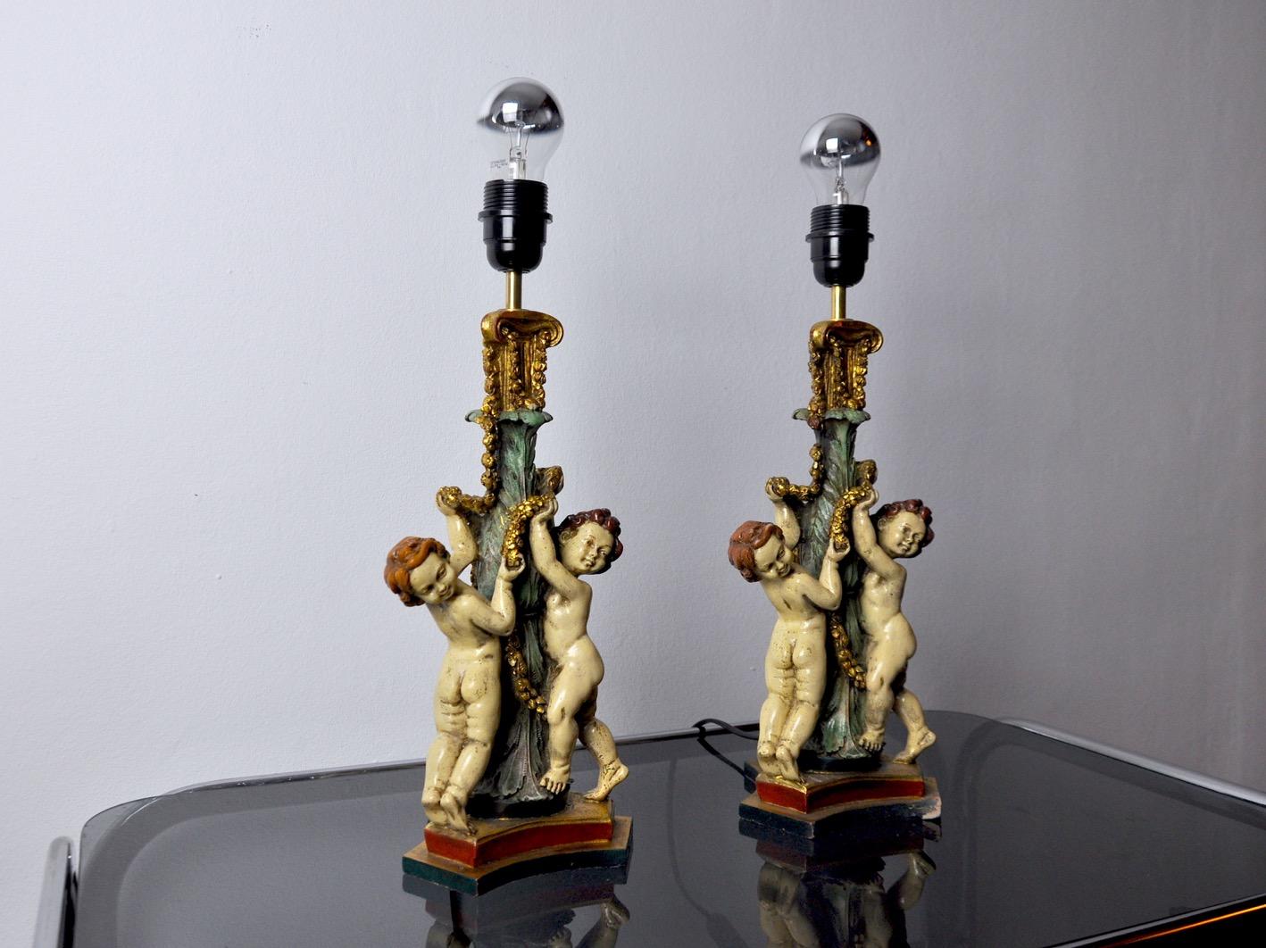 German Vintage Resin Cherub Lamps, France, 1970, Set of 2 For Sale