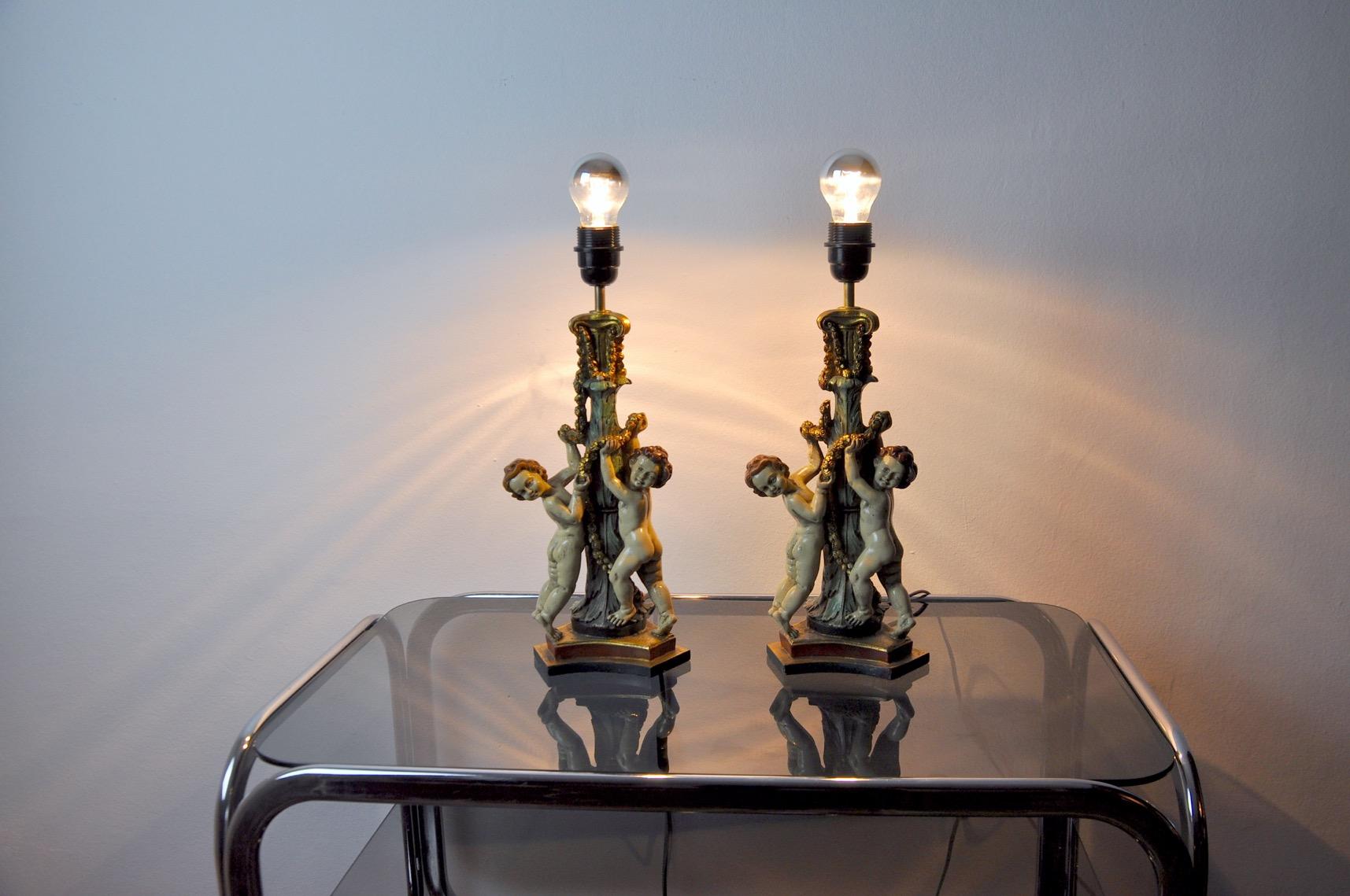 Late 20th Century Vintage Resin Cherub Lamps, France, 1970, Set of 2 For Sale