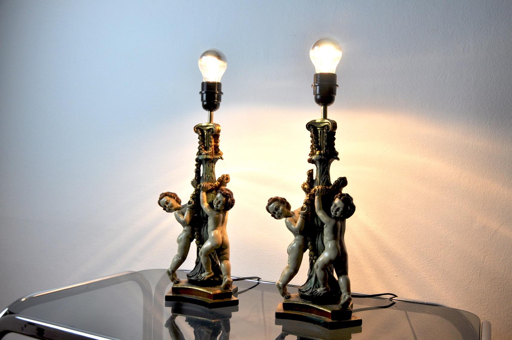Vintage Resin Cherub Lamps, France, 1970, Set of 2 For Sale 1