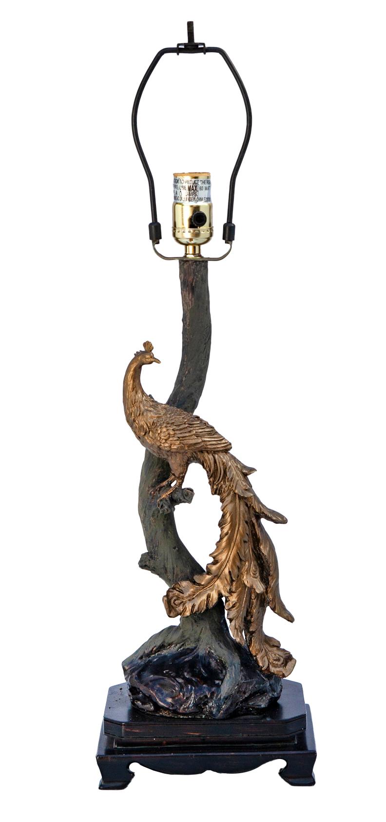 Bohemian Vintage Resin Peacock Lamp & Burlap Shade For Sale