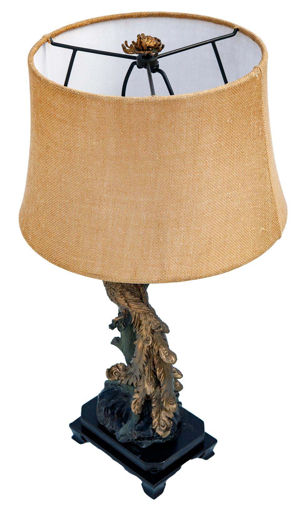 Cast Vintage Resin Peacock Lamp & Burlap Shade For Sale