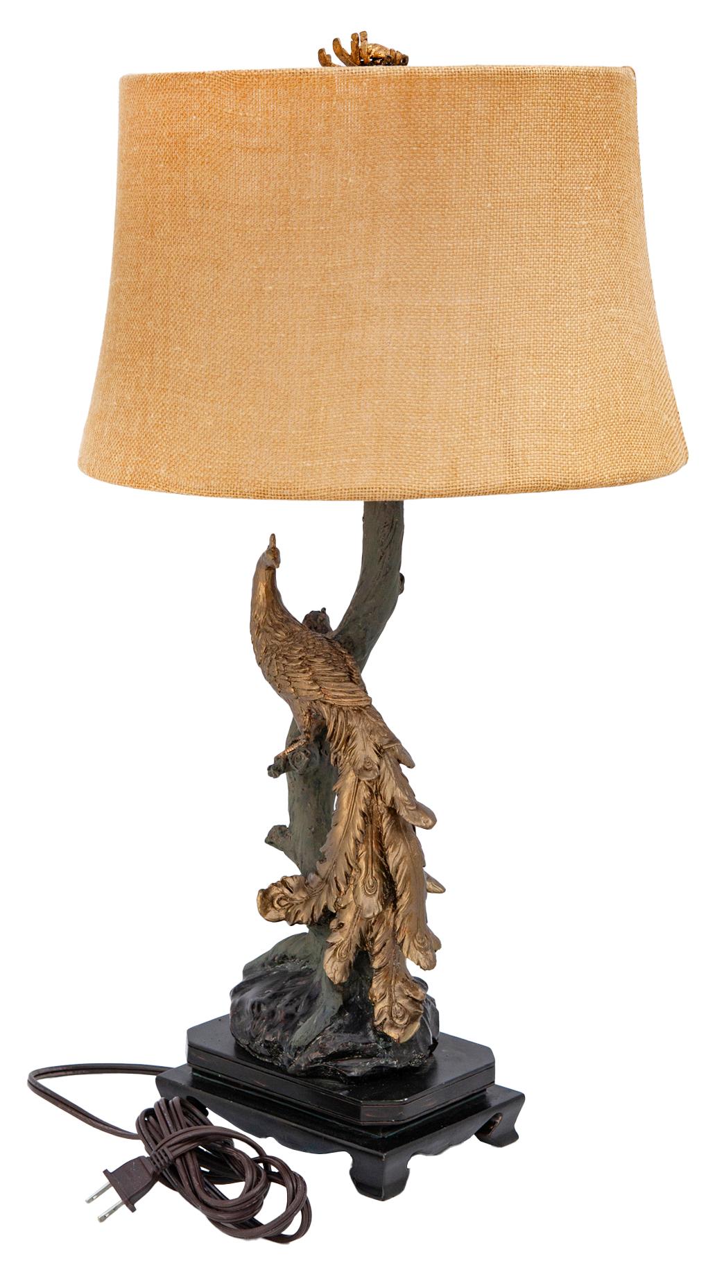 Vintage Resin Peacock Lamp & Burlap Shade In Excellent Condition For Sale In Malibu, CA