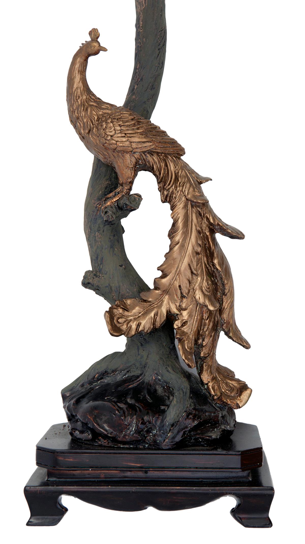 20th Century Vintage Resin Peacock Lamp & Burlap Shade For Sale