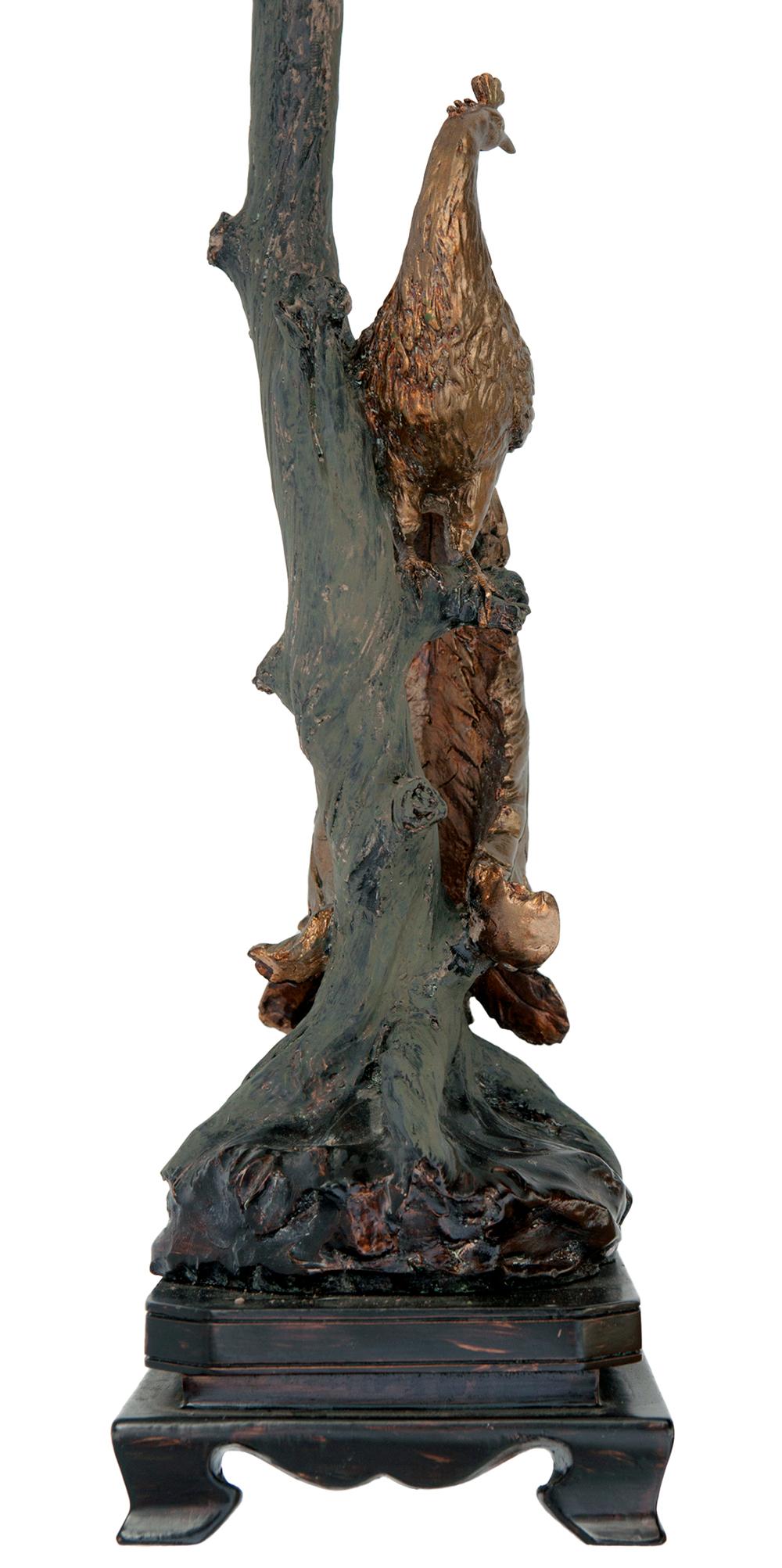 Vintage Resin Peacock Lamp & Burlap Shade For Sale 3
