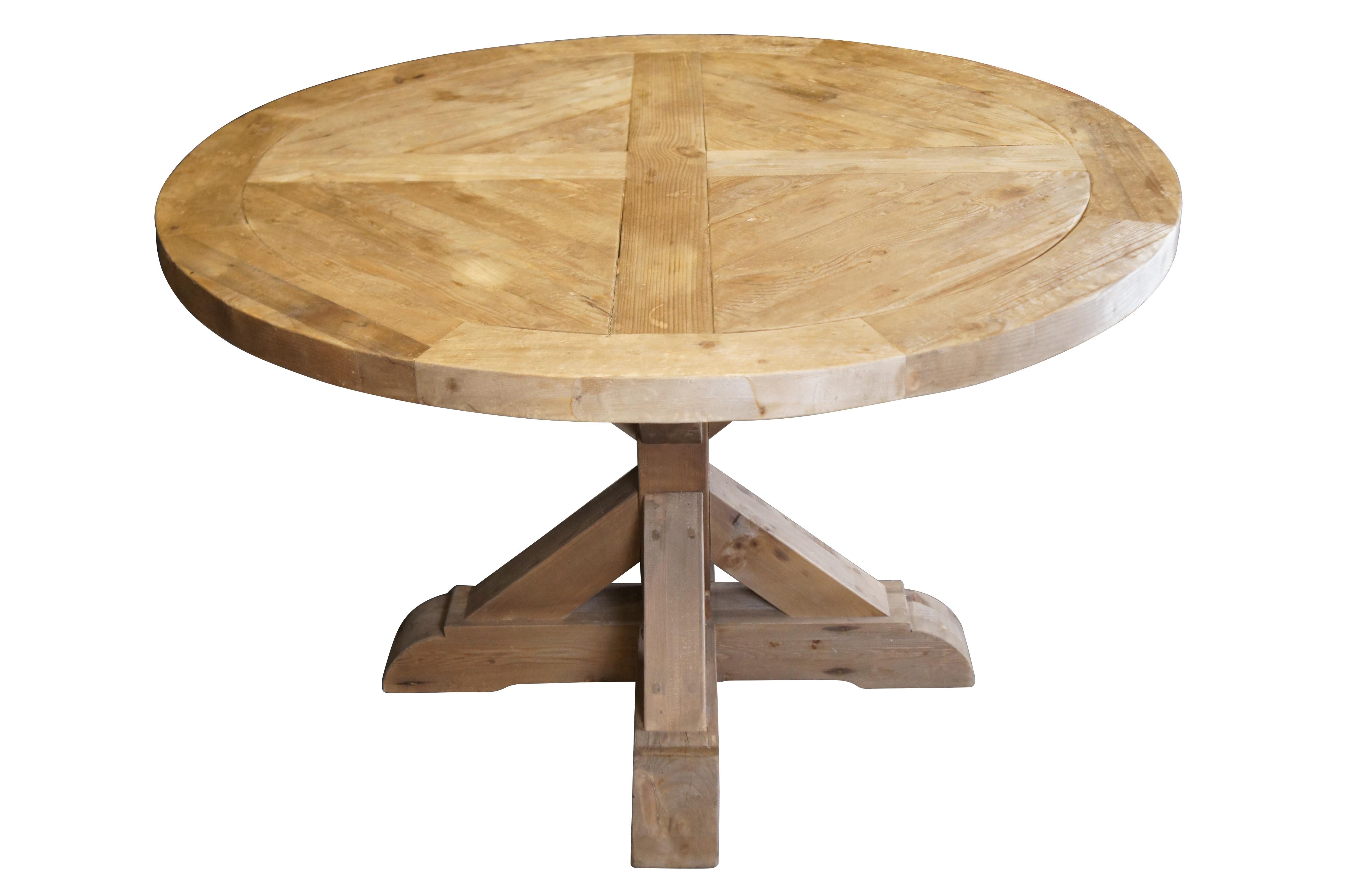 Vintage Restoration Hardware rustic pine farmhouse breakfast or dining table featuring round form with pedestal base.

Dimensions:
48