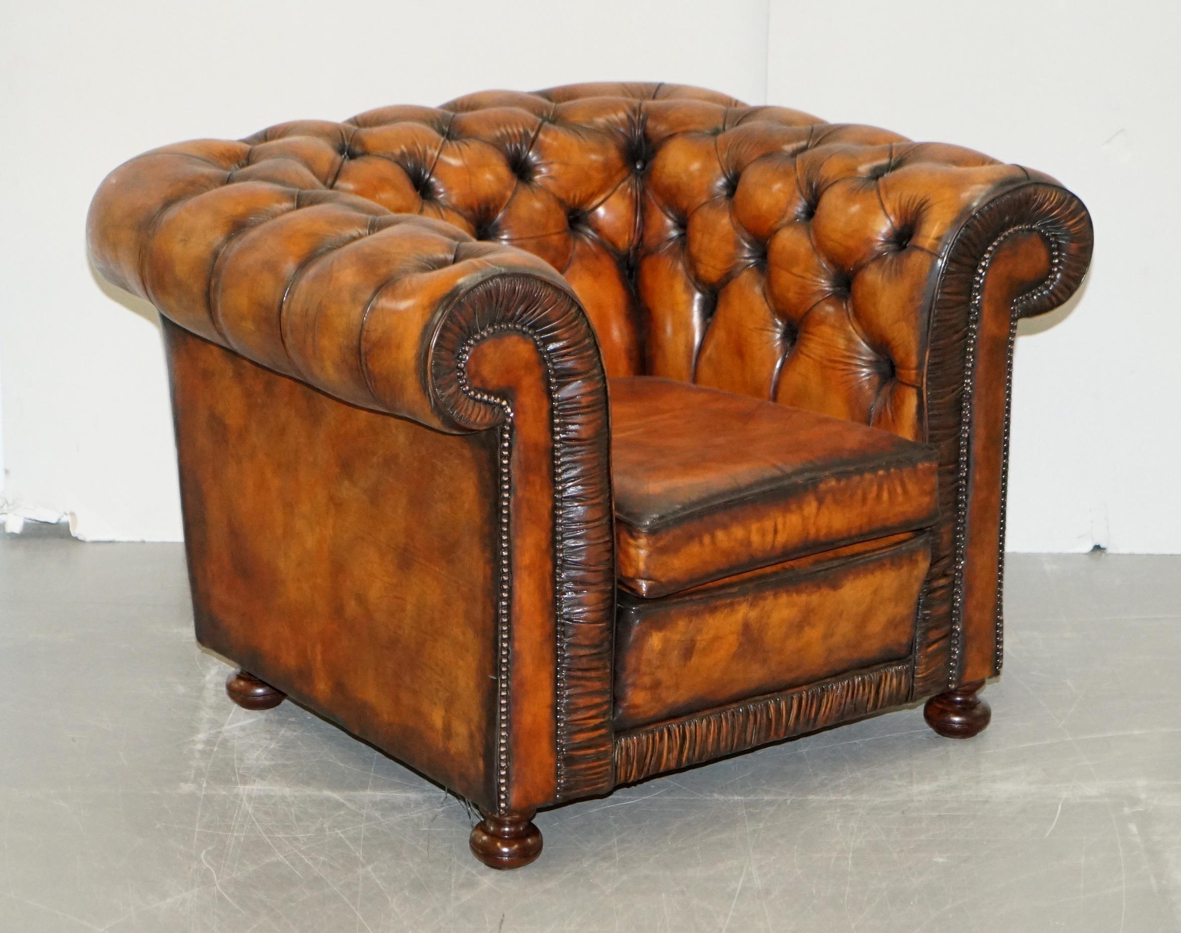 Vintage Restored Brown Leather Chesterfield Library Club Armchair and Sofa Suite 4
