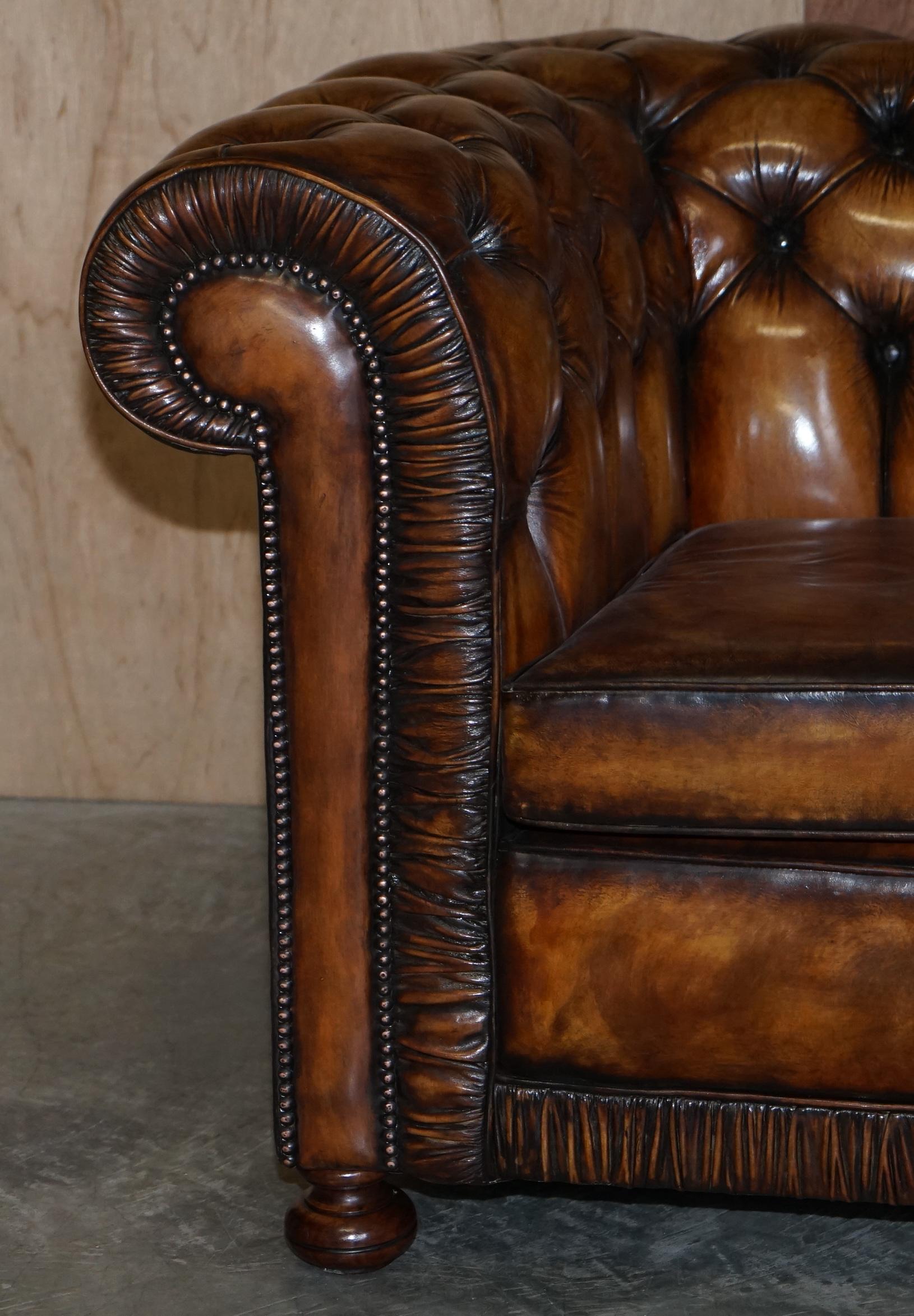 Vintage Restored Brown Leather Chesterfield Library Club Armchair & Sofa Suite 5