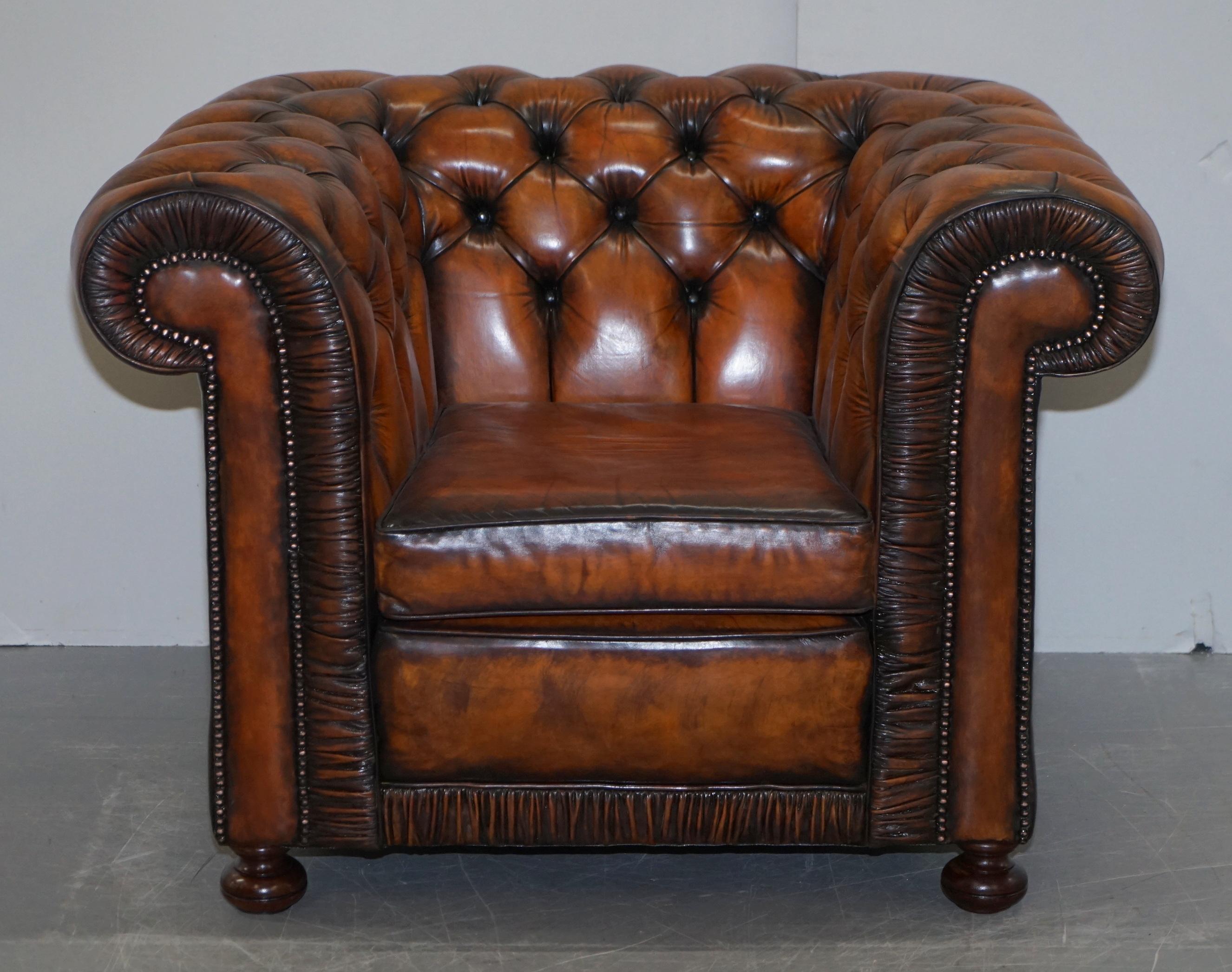 Vintage Restored Brown Leather Chesterfield Library Club Armchair and Sofa Suite 6