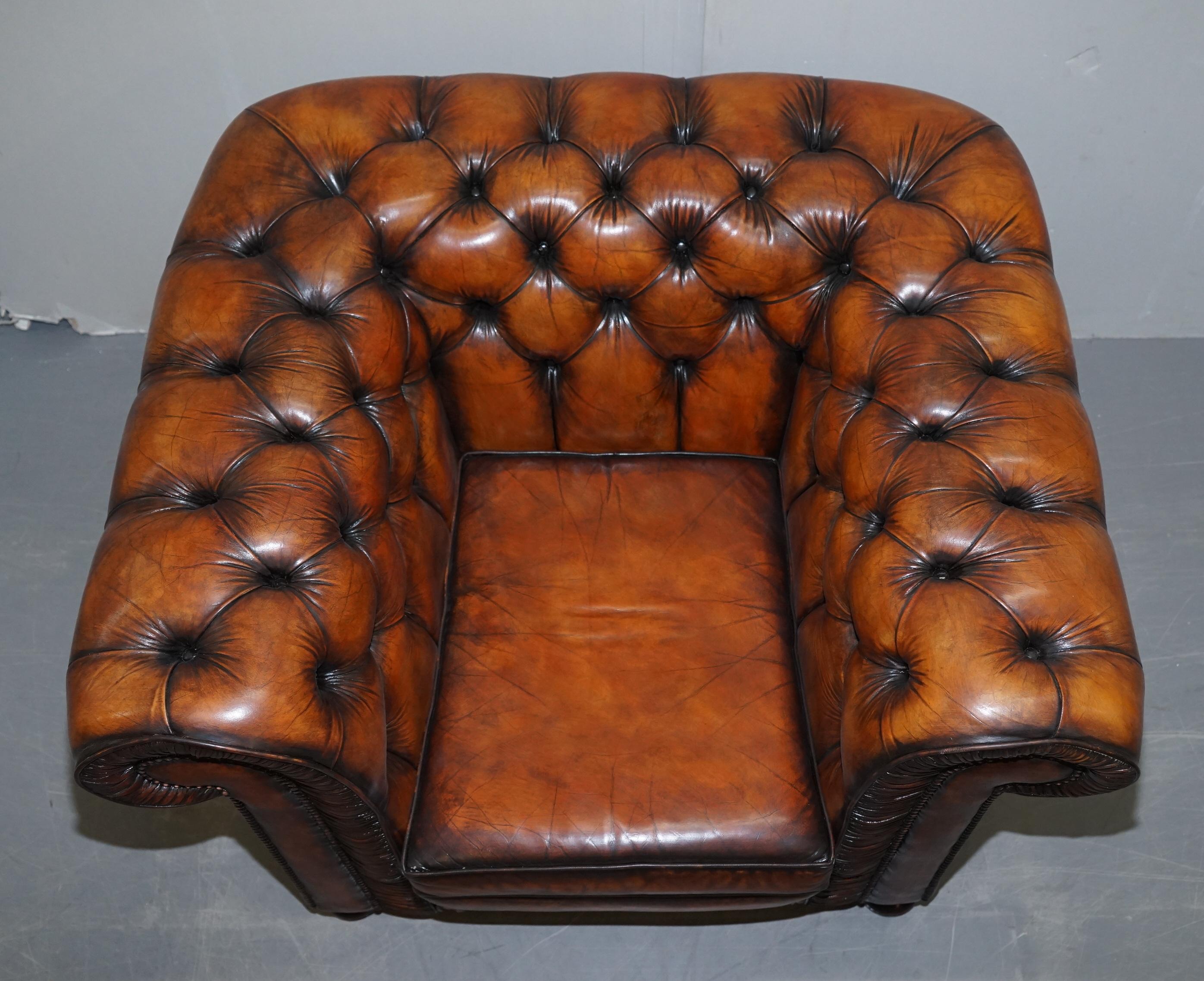 Vintage Restored Brown Leather Chesterfield Library Club Armchair and Sofa Suite 6
