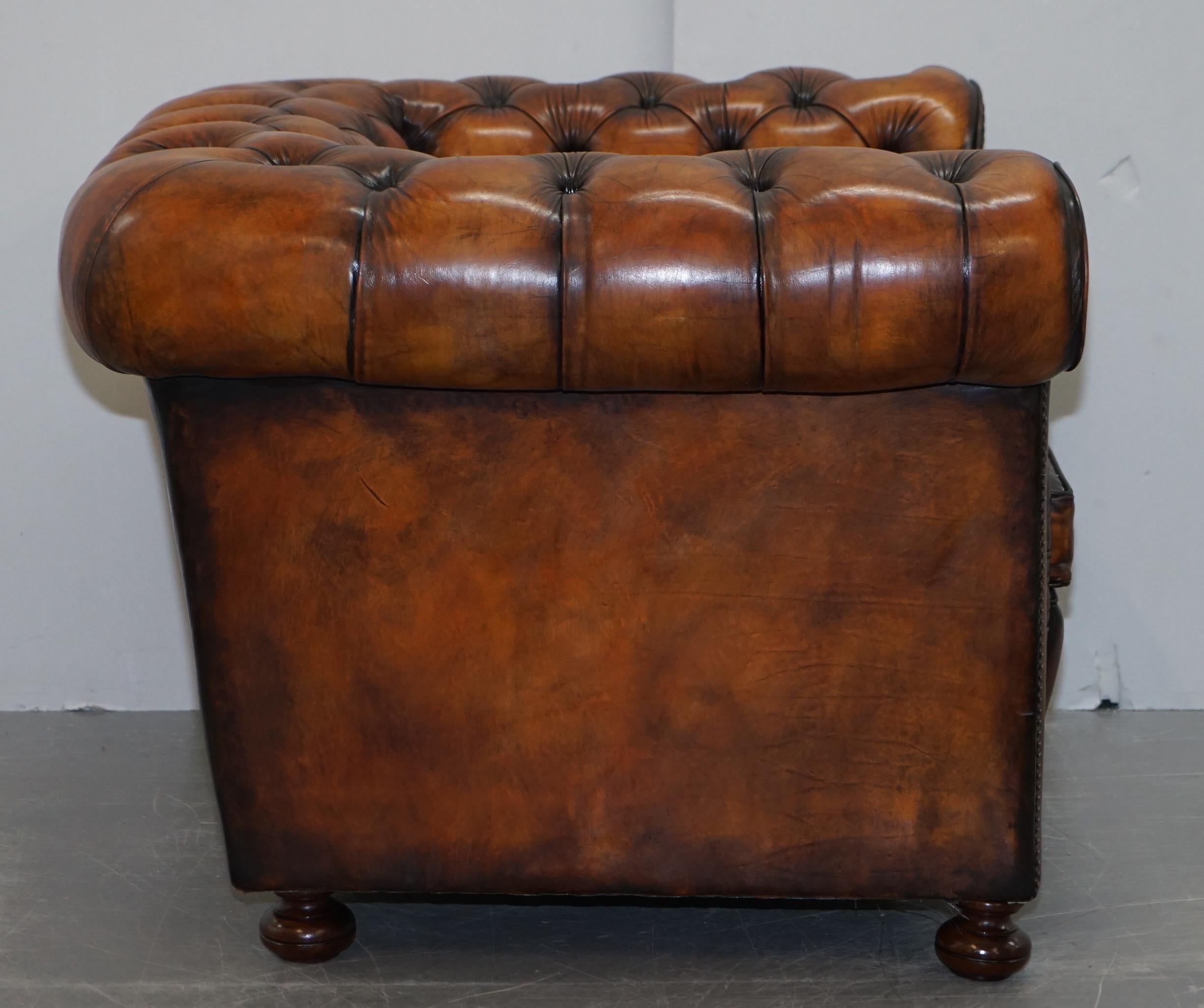 Vintage Restored Brown Leather Chesterfield Library Club Armchair and Sofa Suite 9