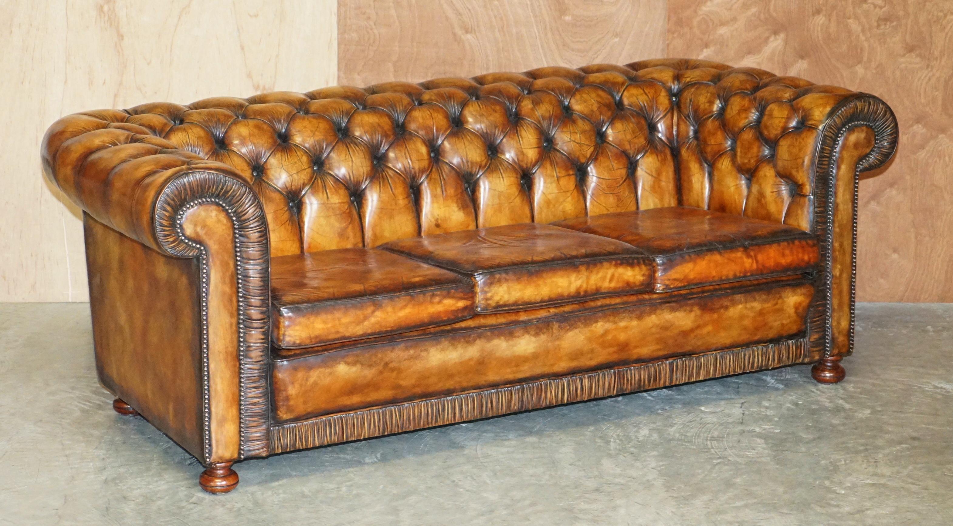 Vintage Restored Brown Leather Chesterfield Library Club Armchair & Sofa Suite 9