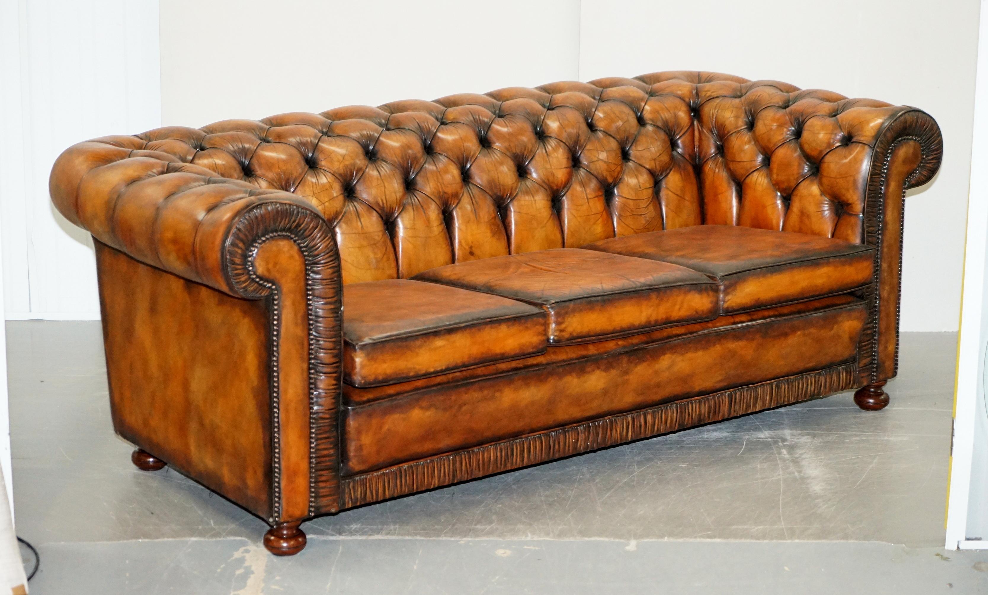 Vintage Restored Brown Leather Chesterfield Library Club Armchair and Sofa Suite 10