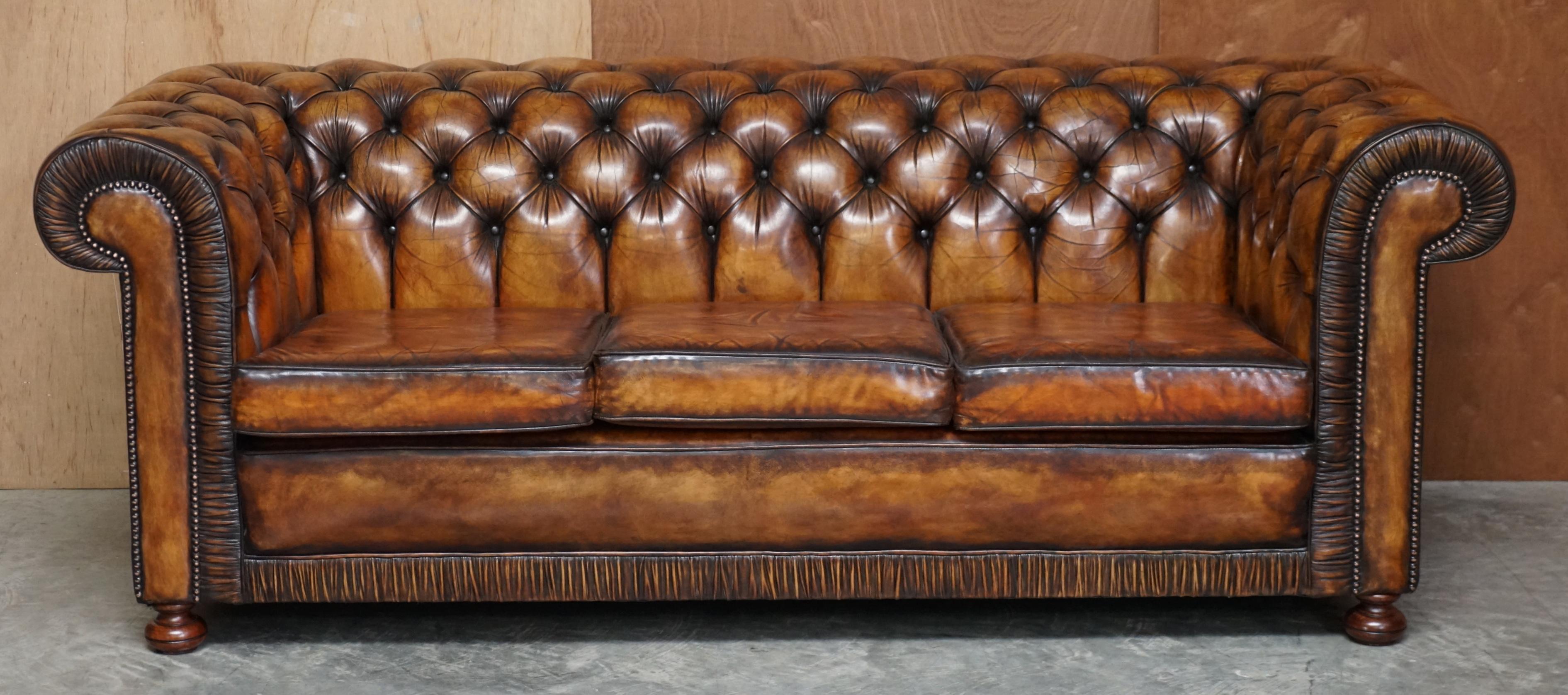 Vintage Restored Brown Leather Chesterfield Library Club Armchair & Sofa Suite 10