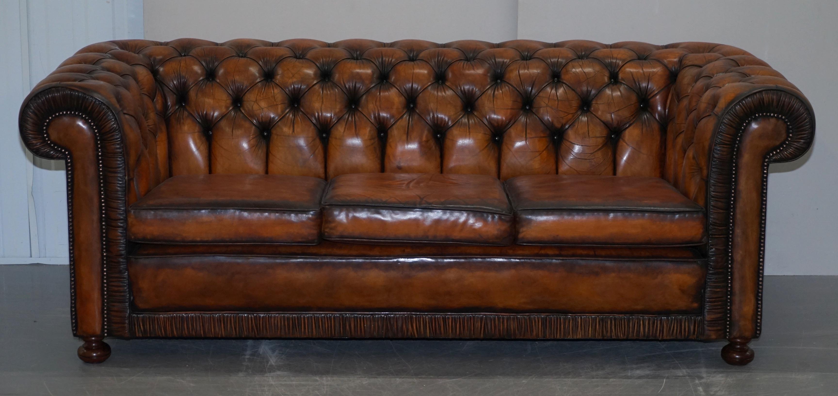 Vintage Restored Brown Leather Chesterfield Library Club Armchair and Sofa Suite 11