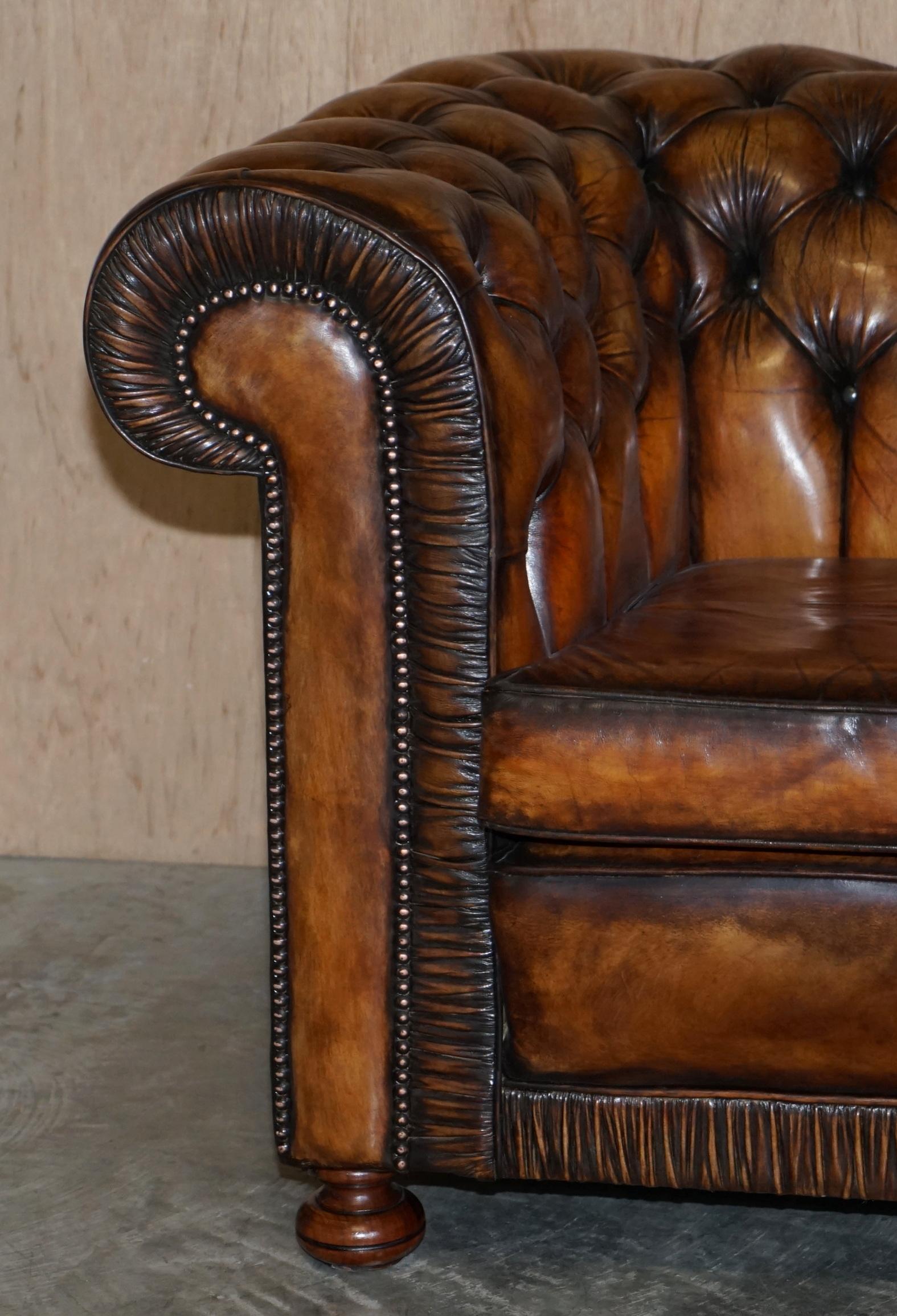 Vintage Restored Brown Leather Chesterfield Library Club Armchair & Sofa Suite 11