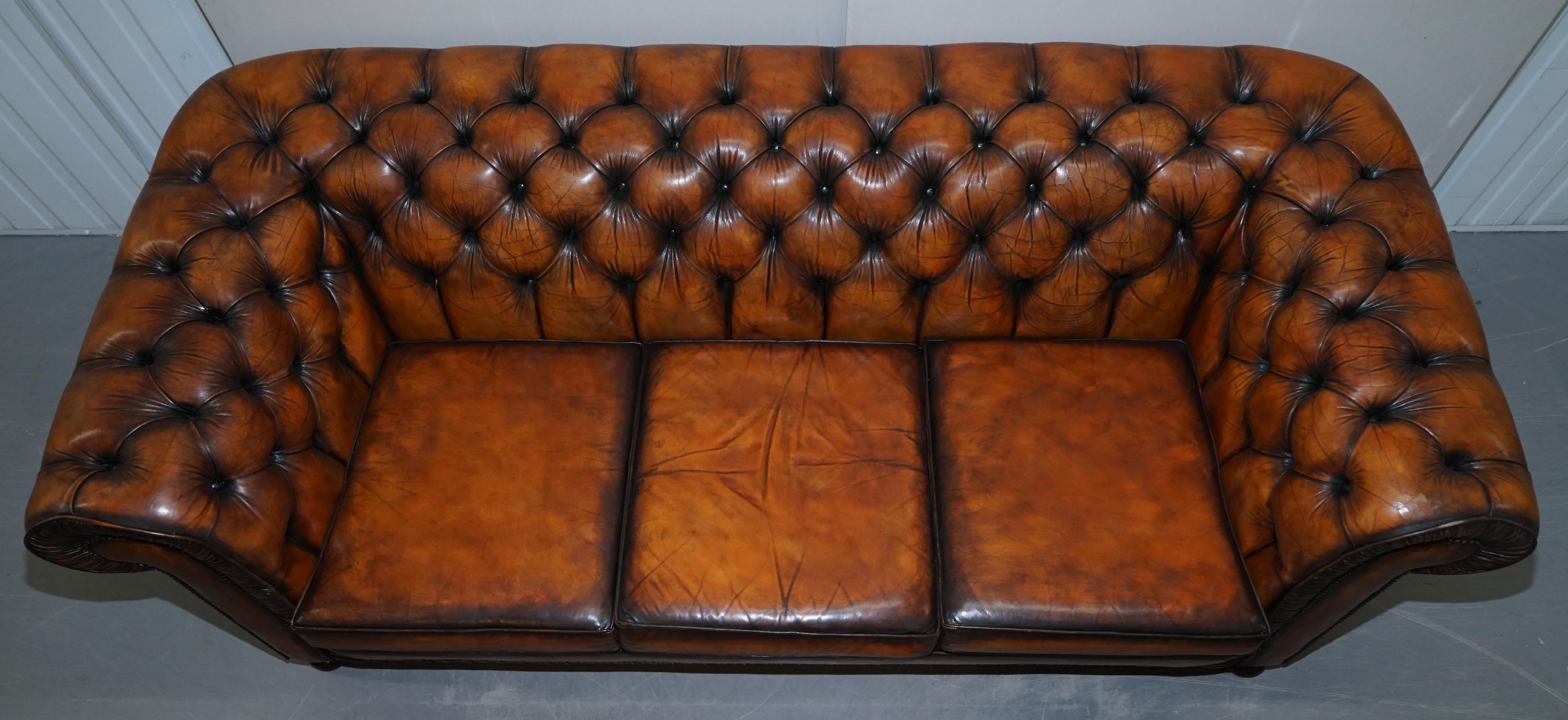 Vintage Restored Brown Leather Chesterfield Library Club Armchair and Sofa Suite 12