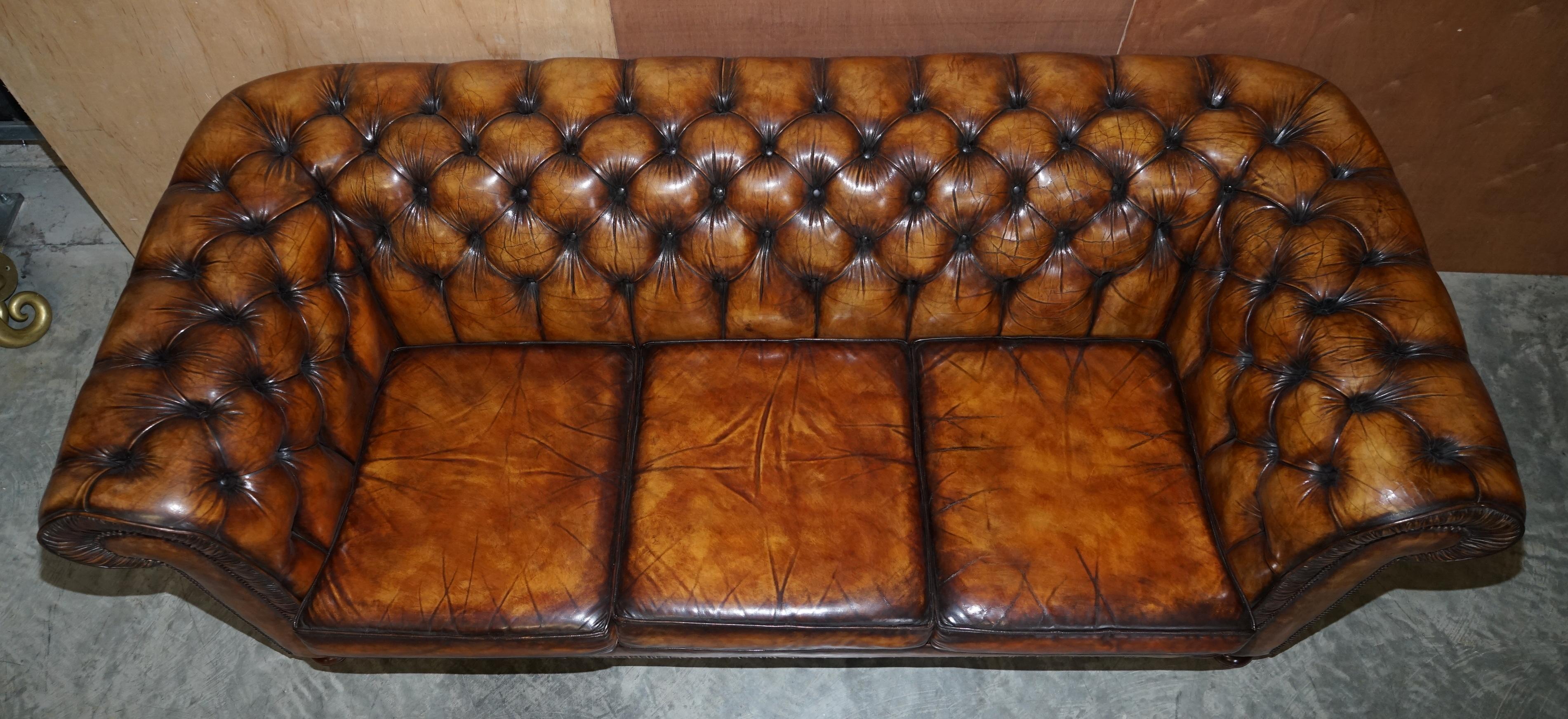 Vintage Restored Brown Leather Chesterfield Library Club Armchair & Sofa Suite 12