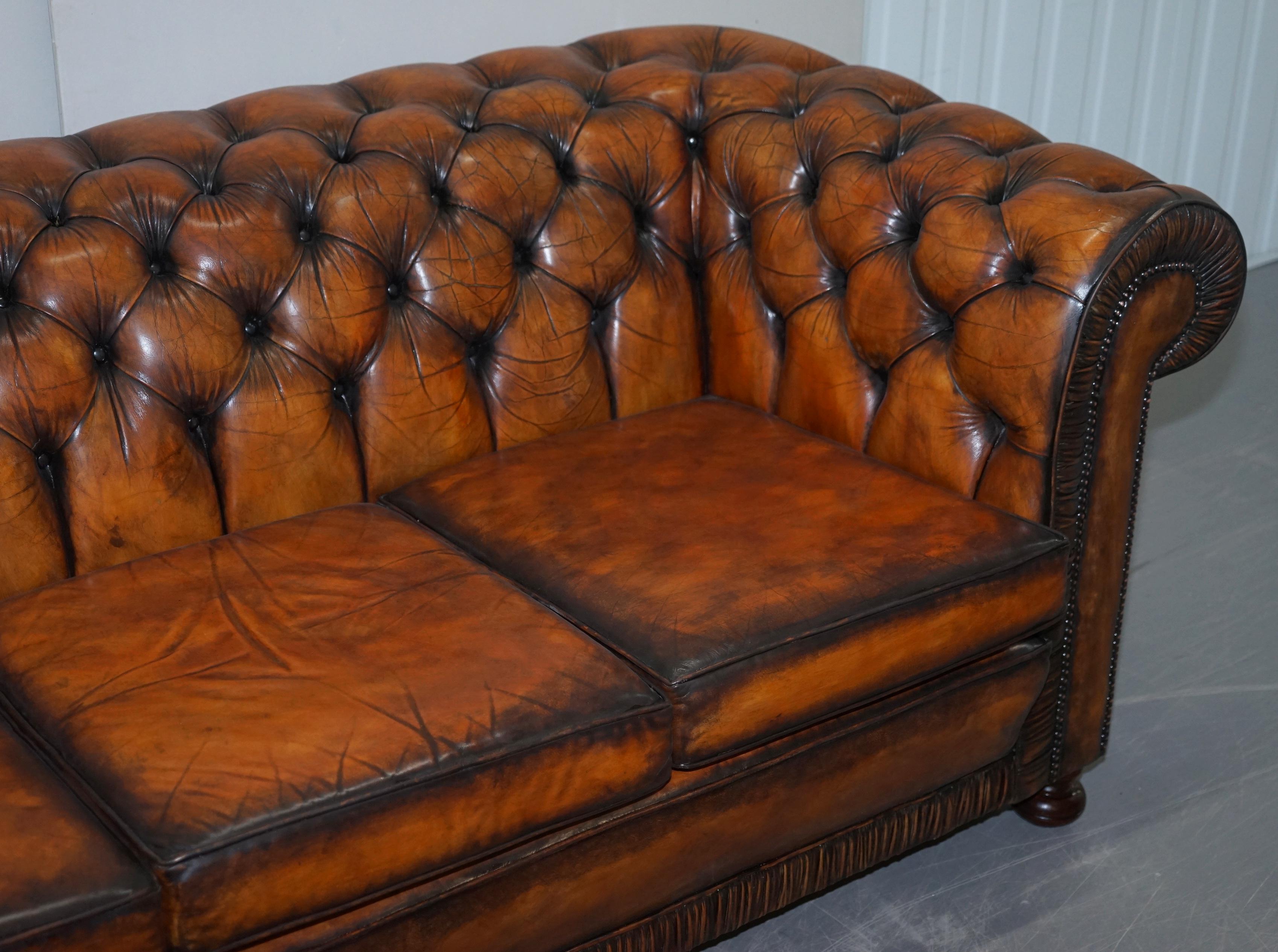 Vintage Restored Brown Leather Chesterfield Library Club Armchair and Sofa Suite 12