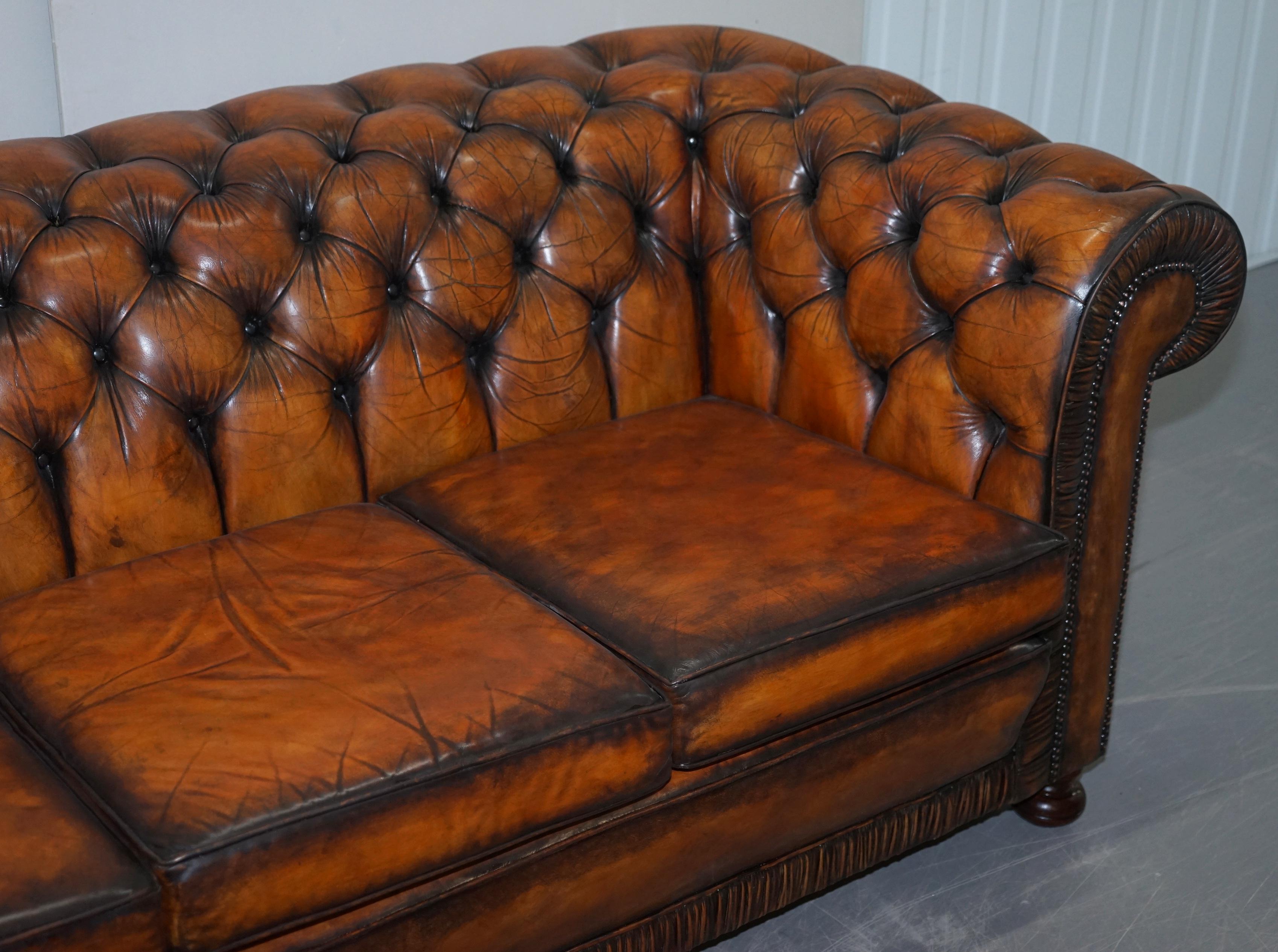 Vintage Restored Brown Leather Chesterfield Library Club Armchair and Sofa Suite 13