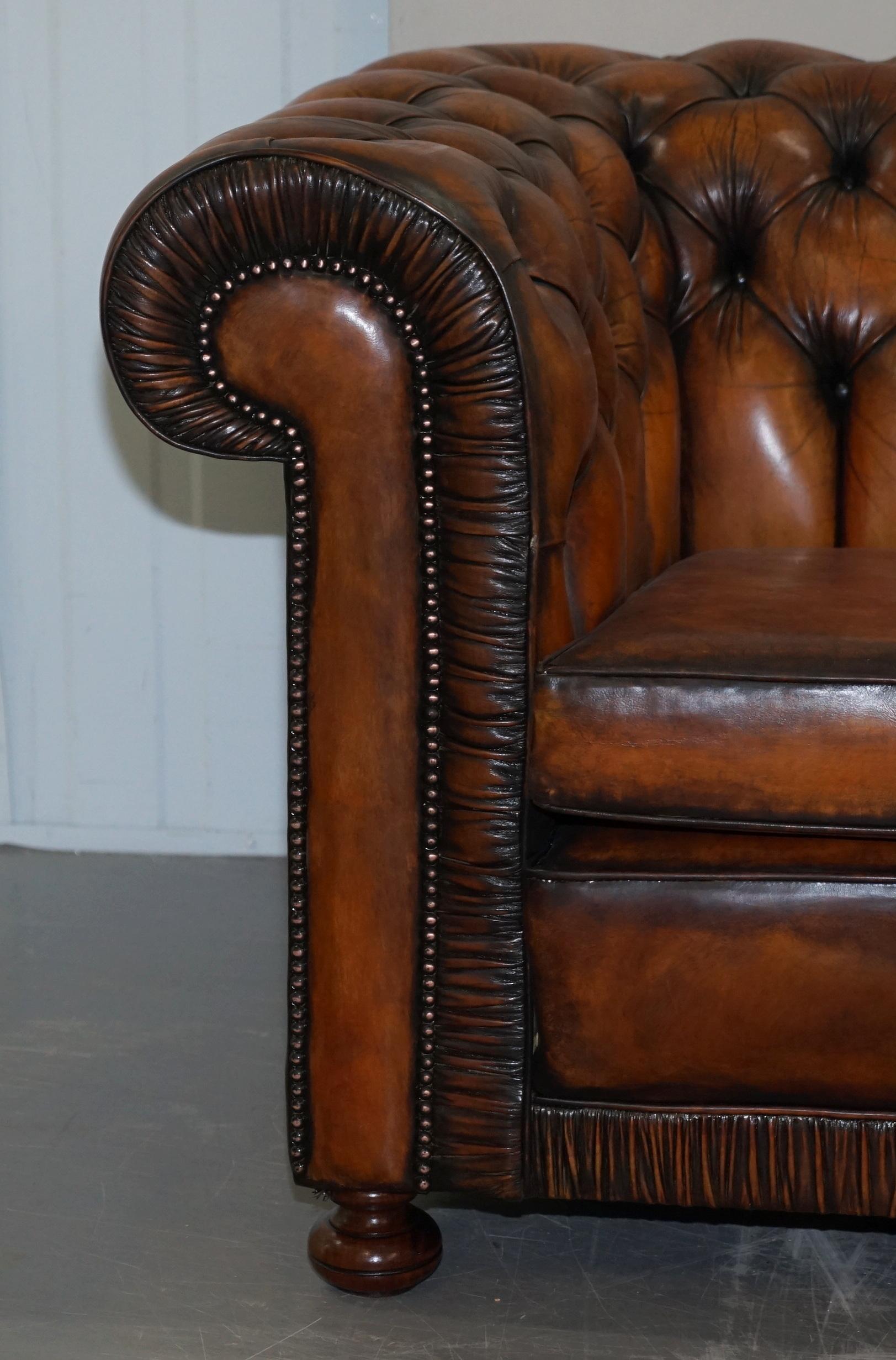 Vintage Restored Brown Leather Chesterfield Library Club Armchair and Sofa Suite 14