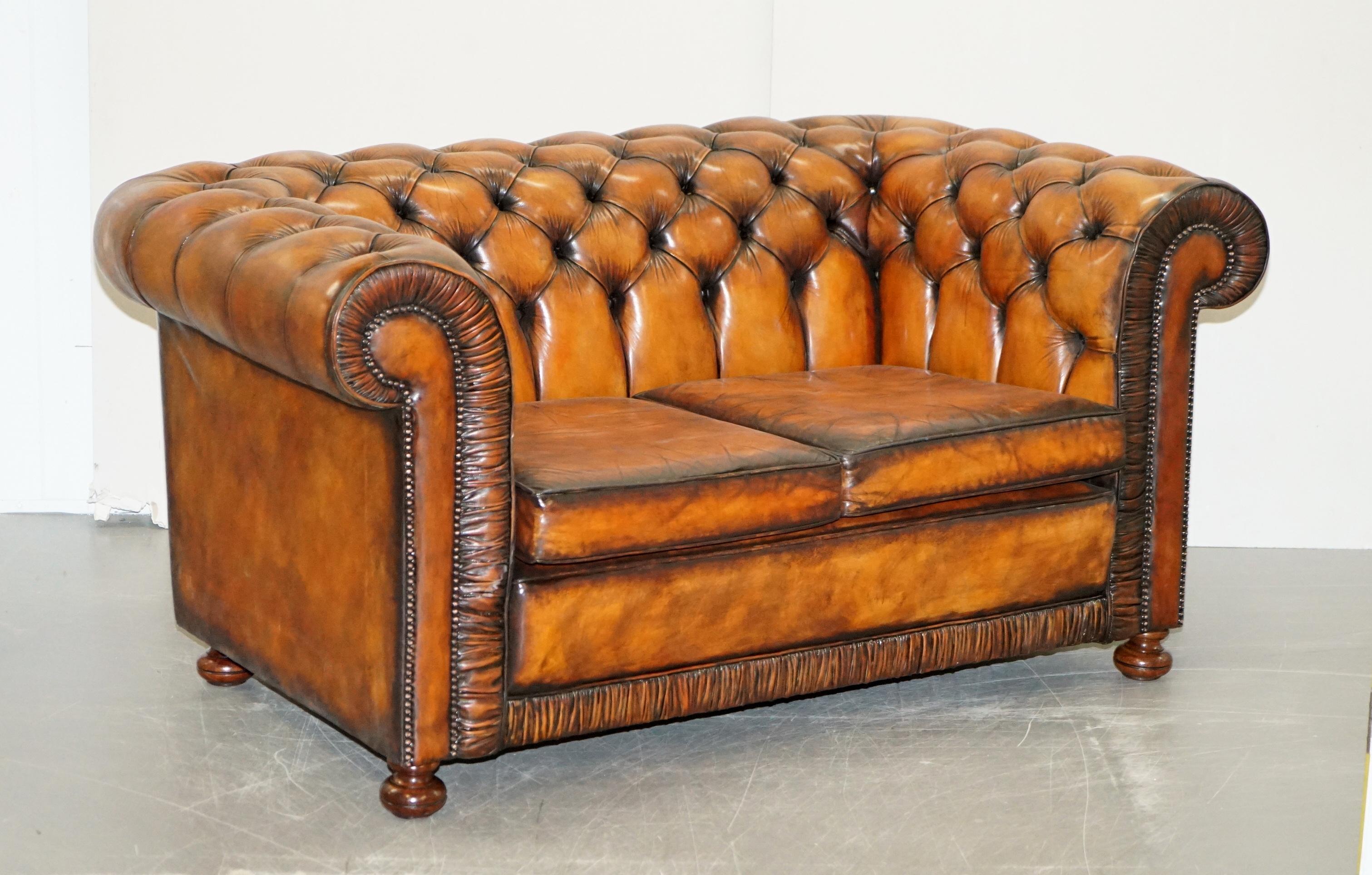 We are delighted to offer for sale this stunning vintage fully restored Chesterfield cigar brown leather library suite

A very rare find, I never come across original sets of three pieces from this era and especially not the fully buttoned sets.