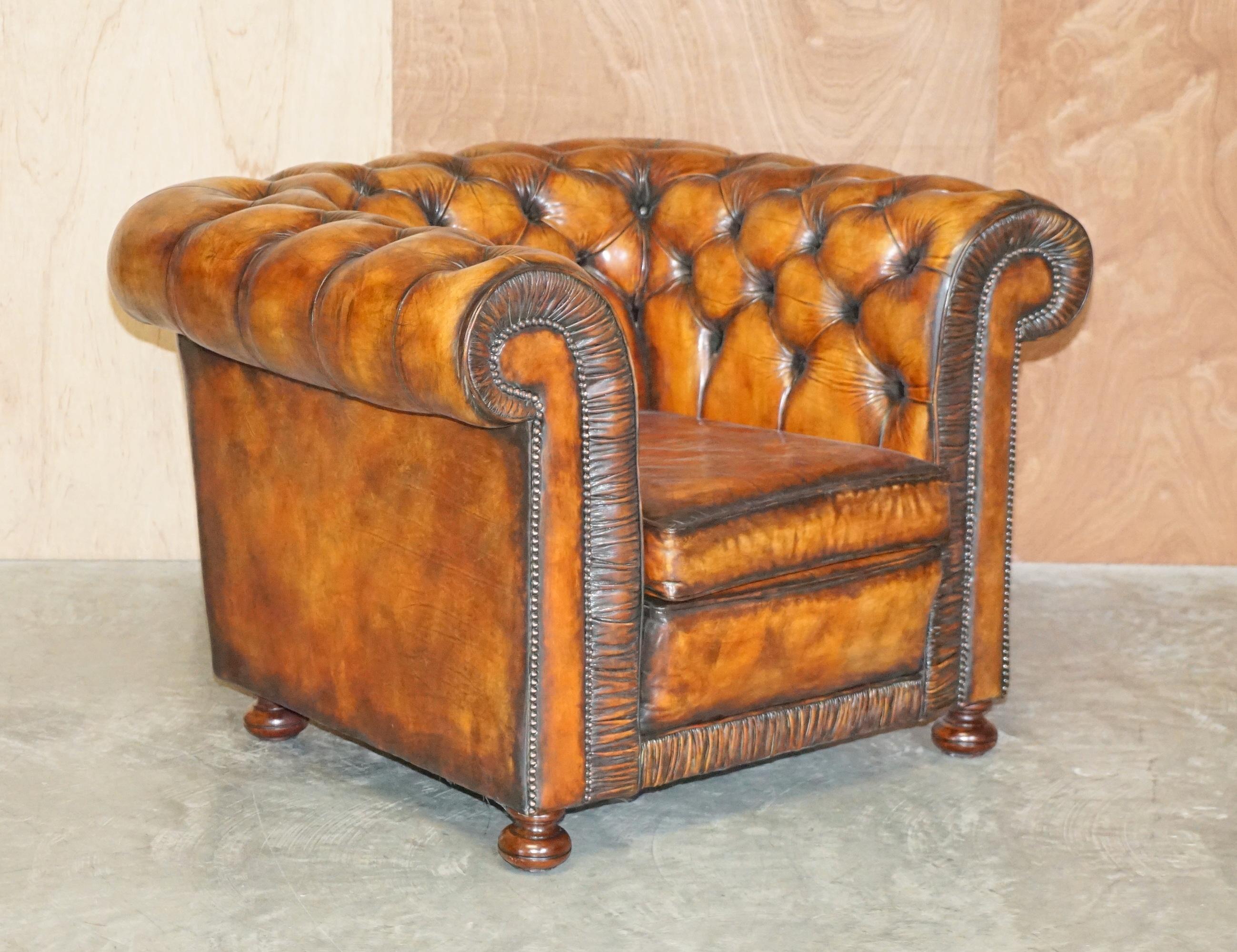 We are delighted to offer this stunning vintage fully restored Chesterfield cigar brown leather Library suite.

A very rare find, I never come across original sets of three pieces from this era and especially not the fully buttoned sets. We have