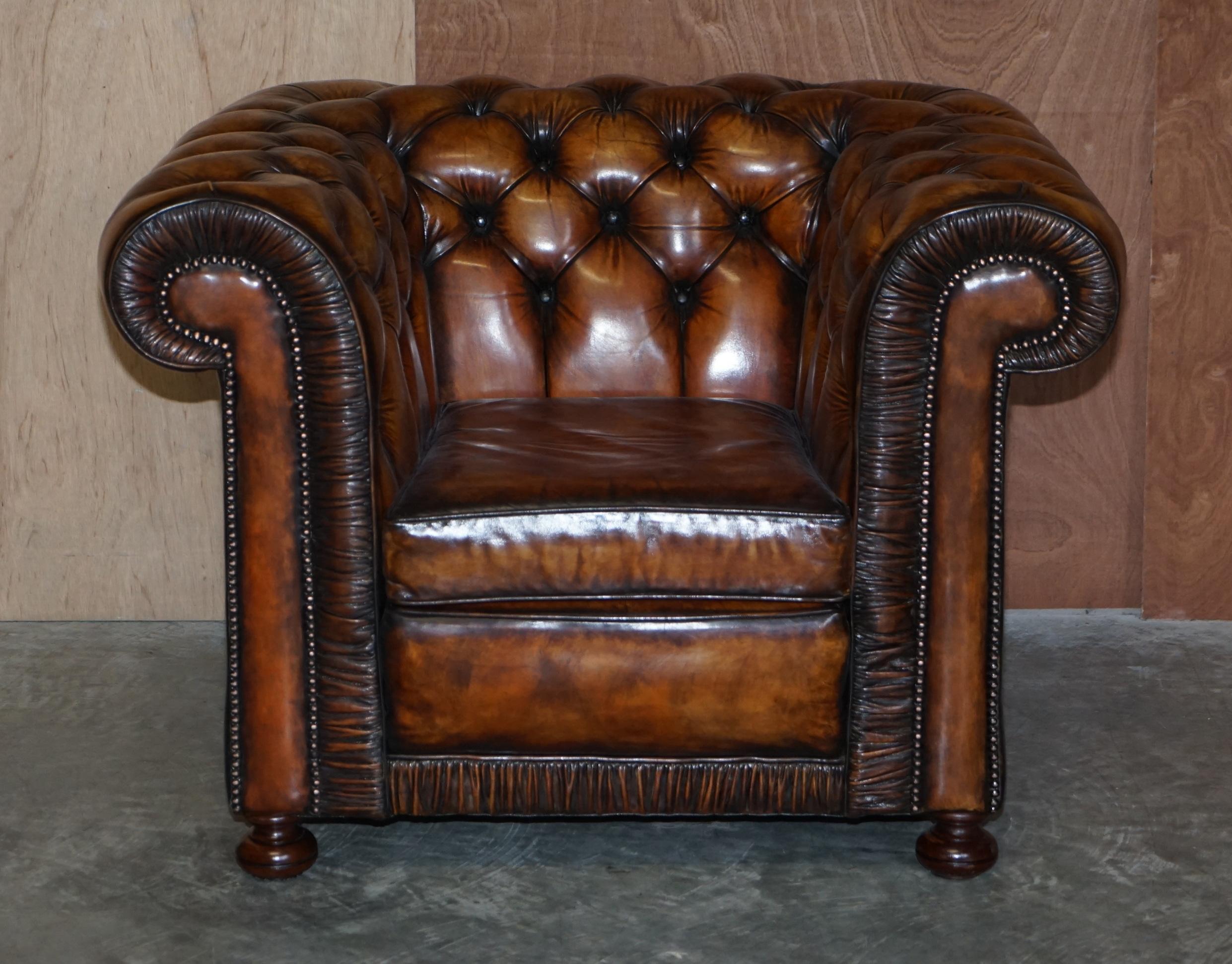 English Vintage Restored Brown Leather Chesterfield Library Club Armchair & Sofa Suite