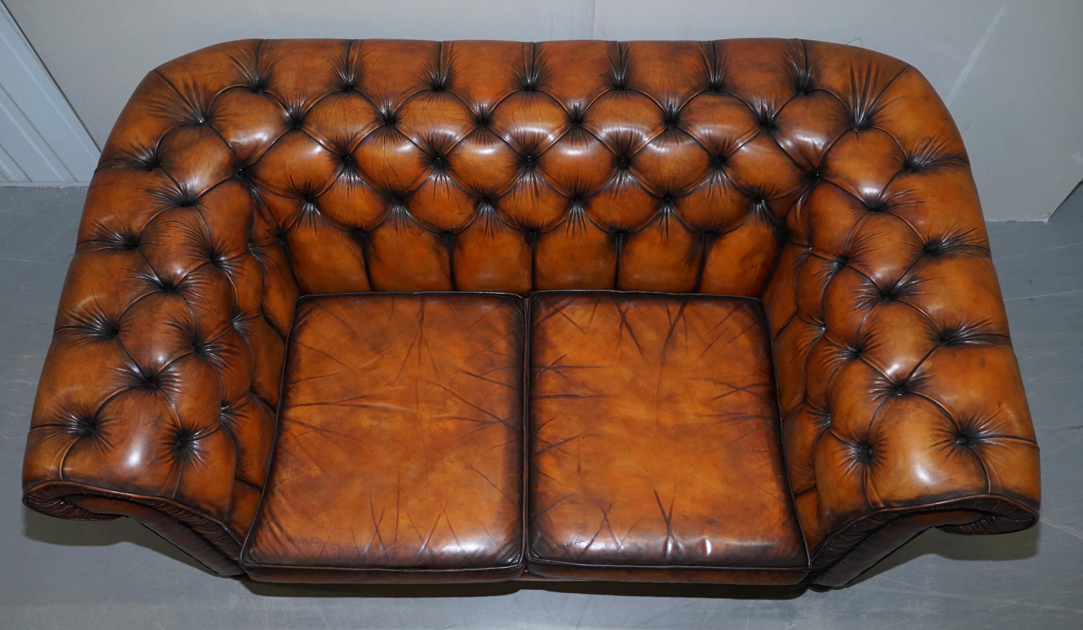 Hand-Carved Vintage Restored Brown Leather Chesterfield Library Club Armchair and Sofa Suite