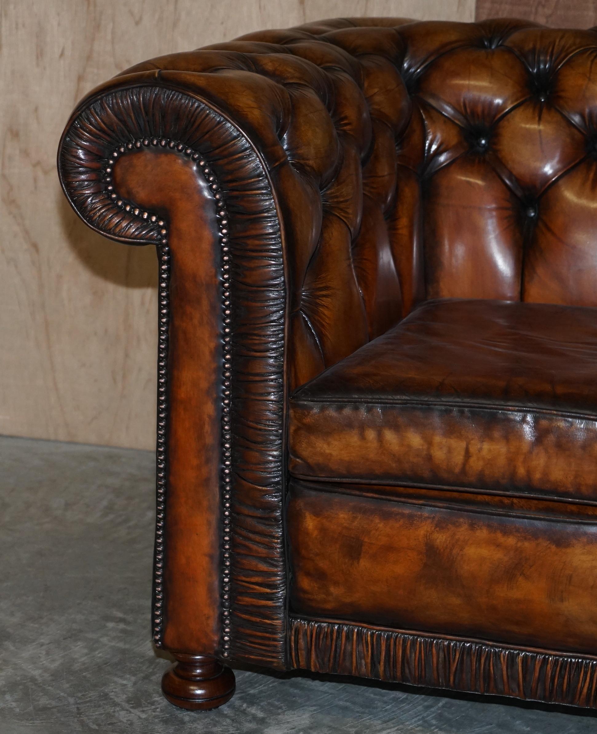 Hand-Crafted Vintage Restored Brown Leather Chesterfield Library Club Armchair & Sofa Suite