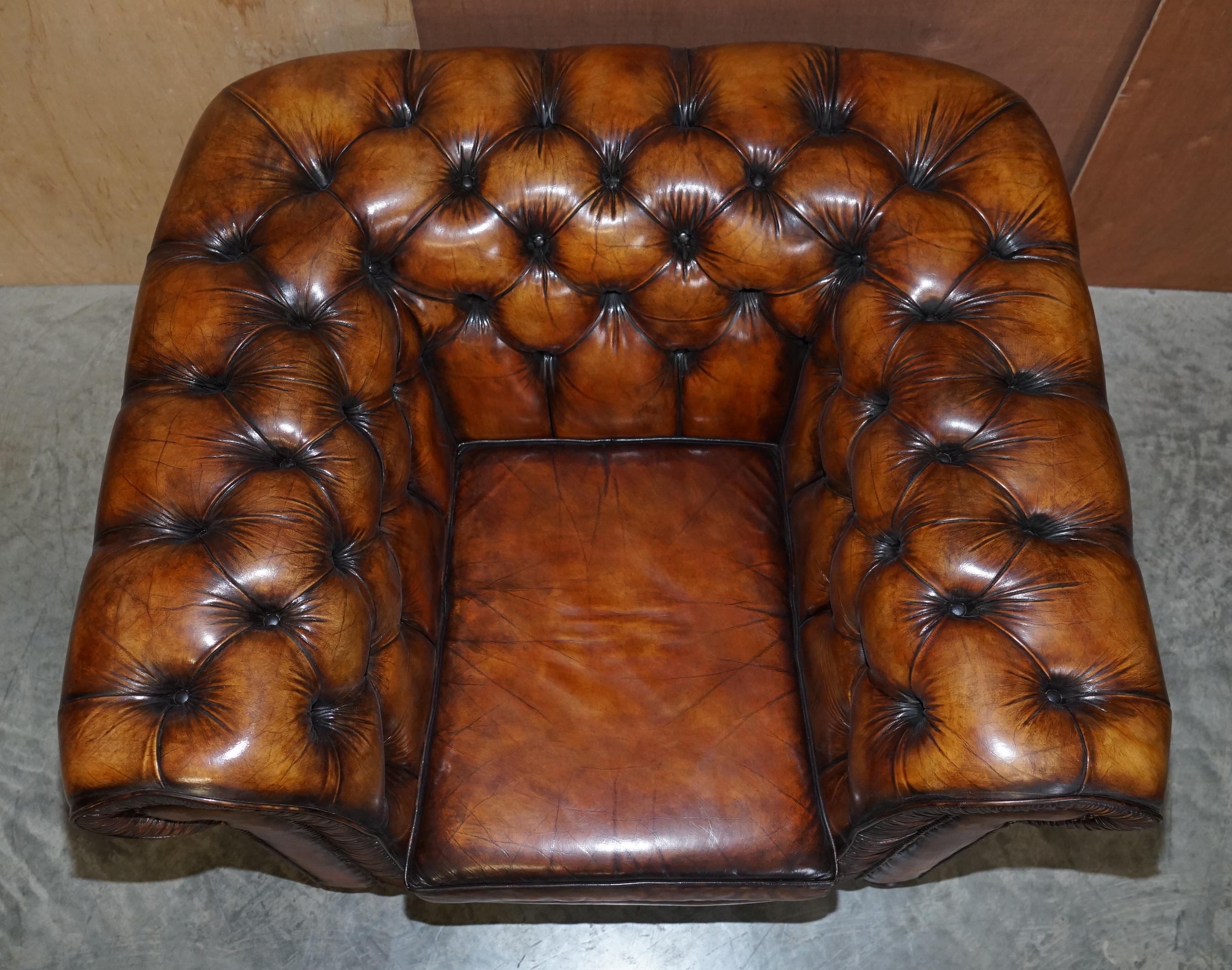 20th Century Vintage Restored Brown Leather Chesterfield Library Club Armchair & Sofa Suite