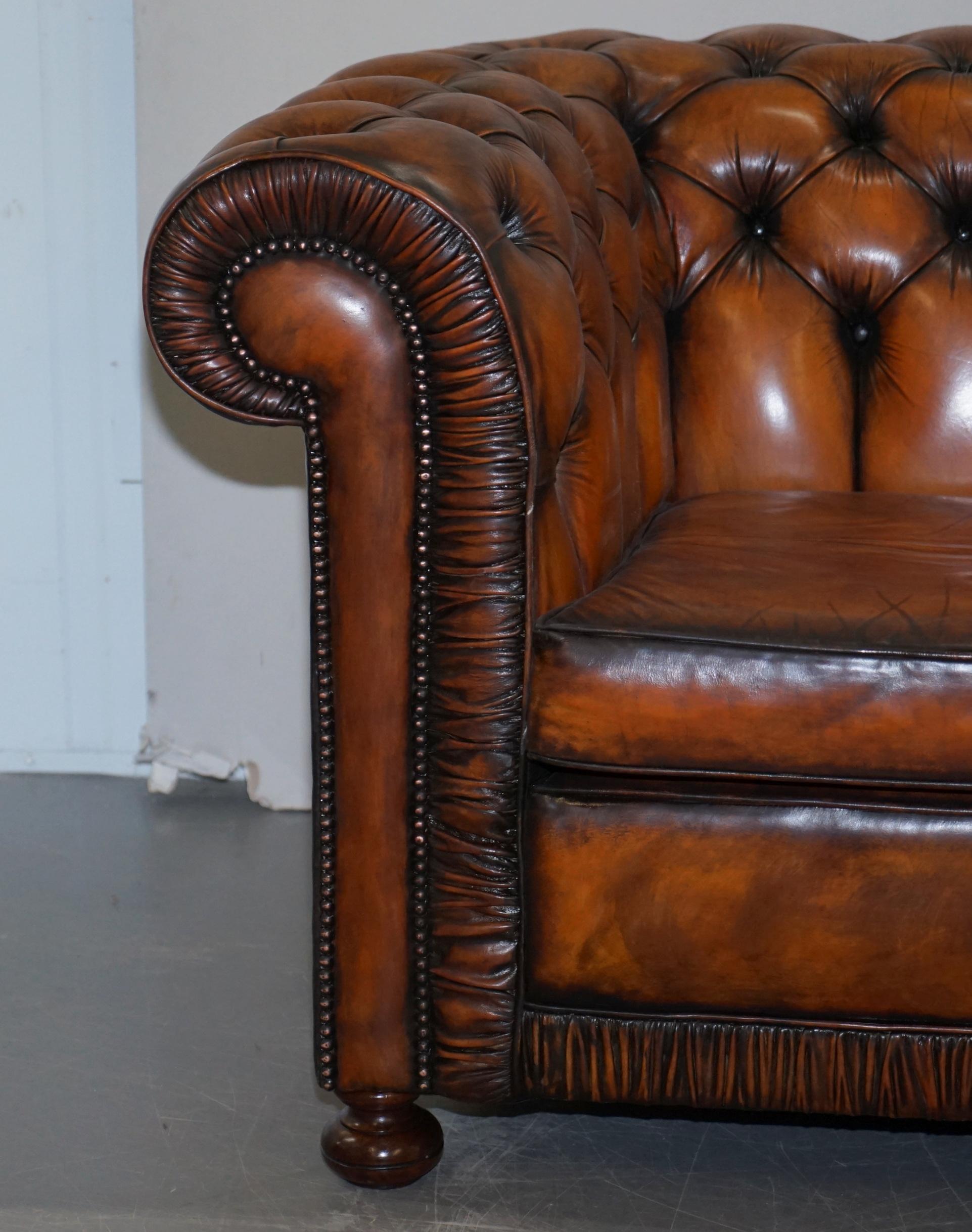 Vintage Restored Brown Leather Chesterfield Library Club Armchair and Sofa Suite 1