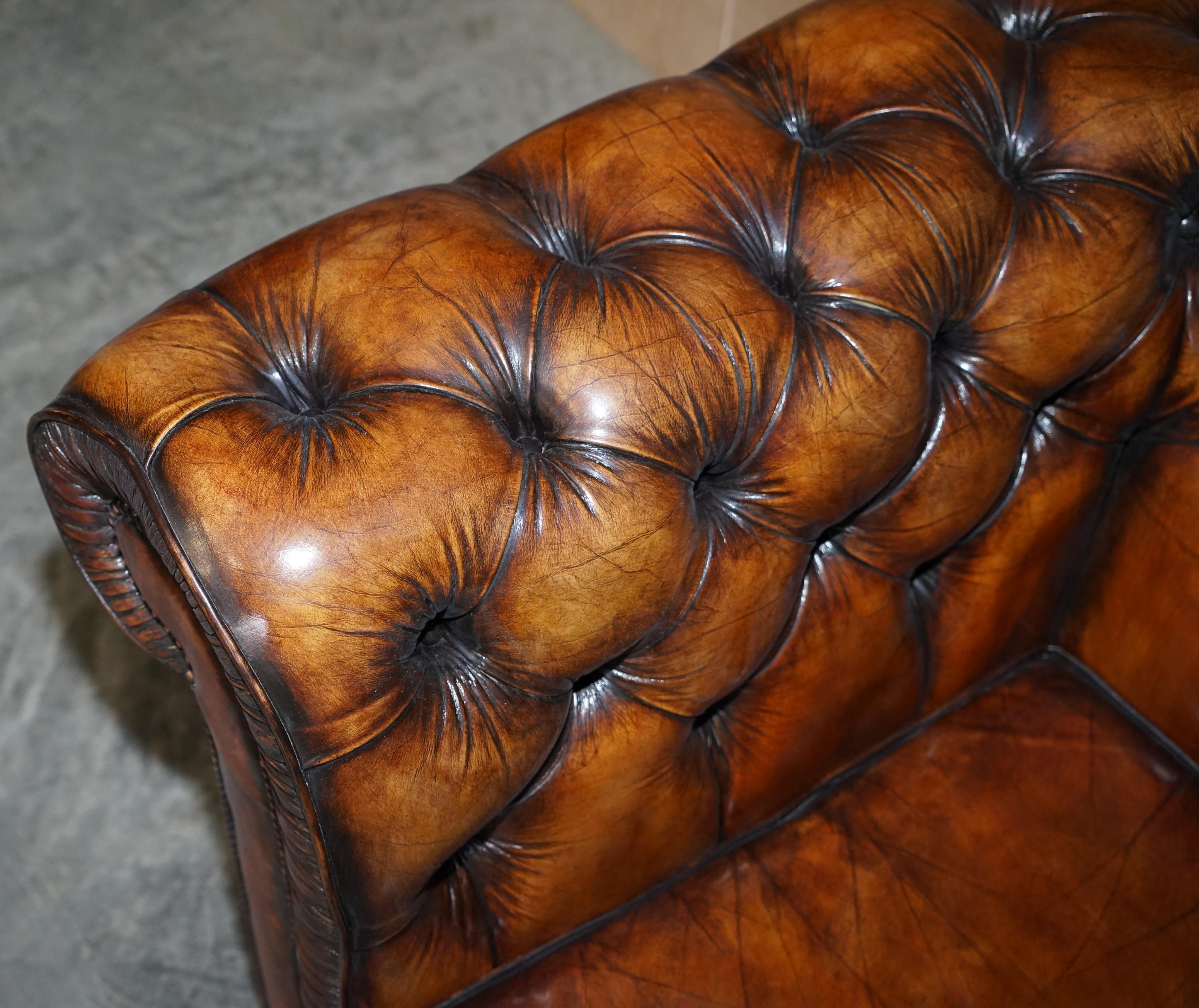 Vintage Restored Brown Leather Chesterfield Library Club Armchair & Sofa Suite 1