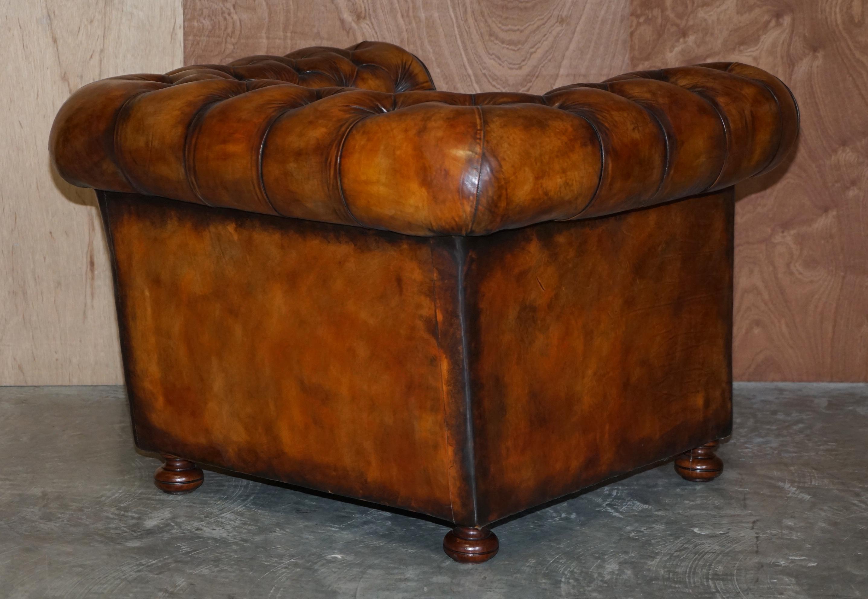 Vintage Restored Brown Leather Chesterfield Library Club Armchair & Sofa Suite 2