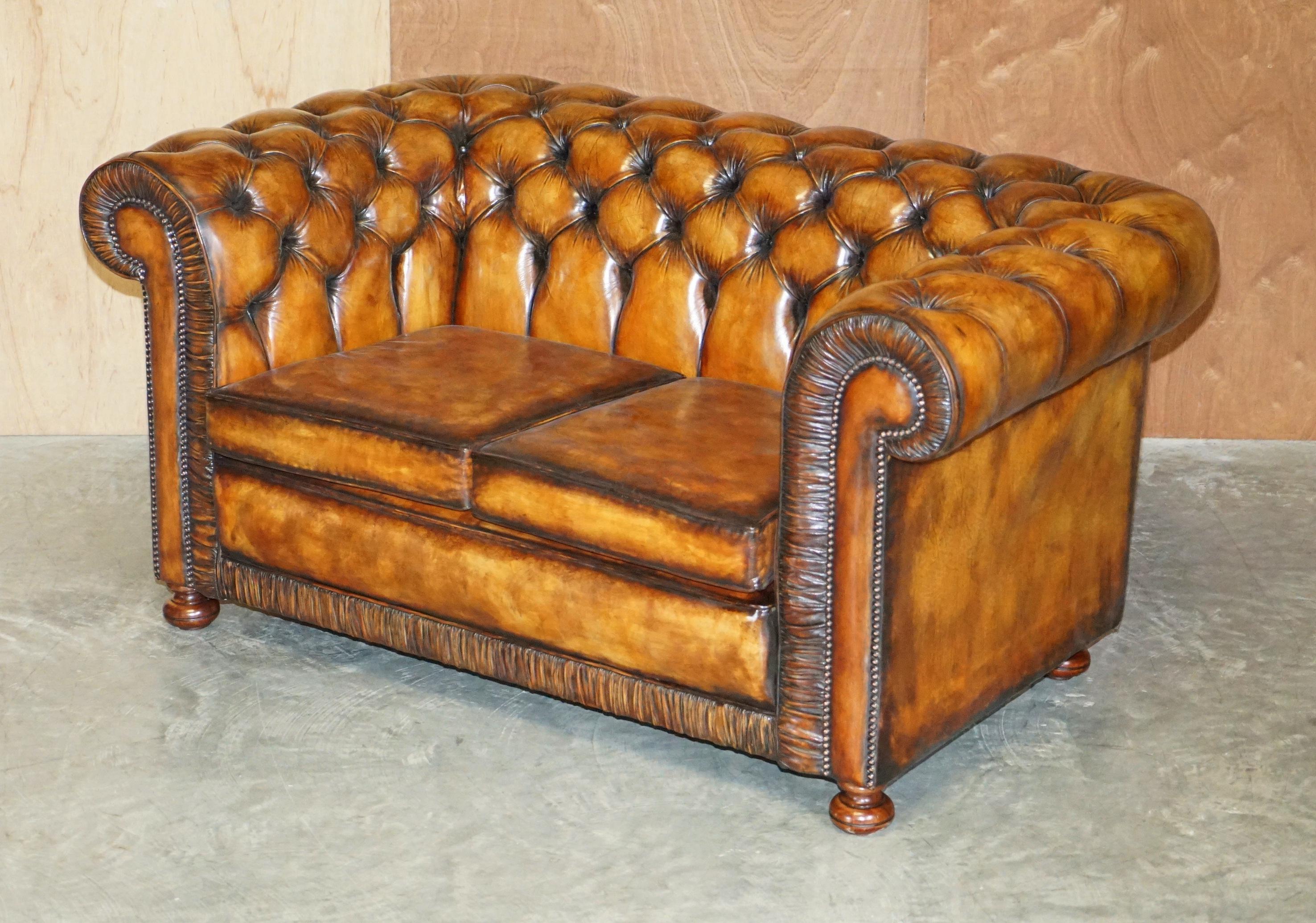 Vintage Restored Brown Leather Chesterfield Library Club Armchair & Sofa Suite 3