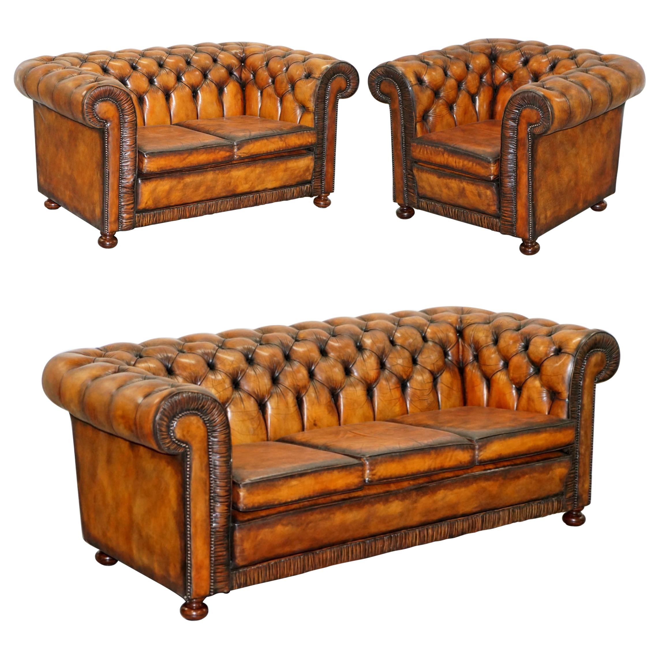 Vintage Restored Brown Leather Chesterfield Library Club Armchair and Sofa Suite