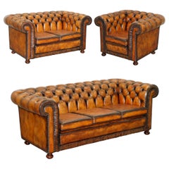 Vintage Restored Brown Leather Chesterfield Library Club Armchair and Sofa Suite