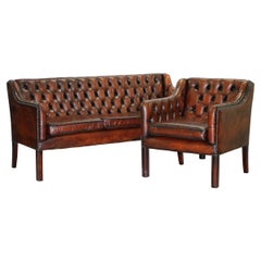 Vintage Restored Chesterfield Brown Leather Gun Suite 3-Seat Sofa and Armchair