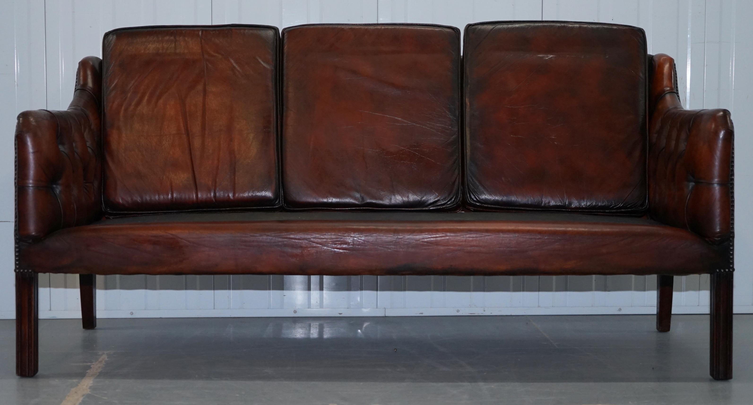 Vintage Restored Chesterfield Brown Leather Gun Suite 3-Seat Sofa and Armchair 5