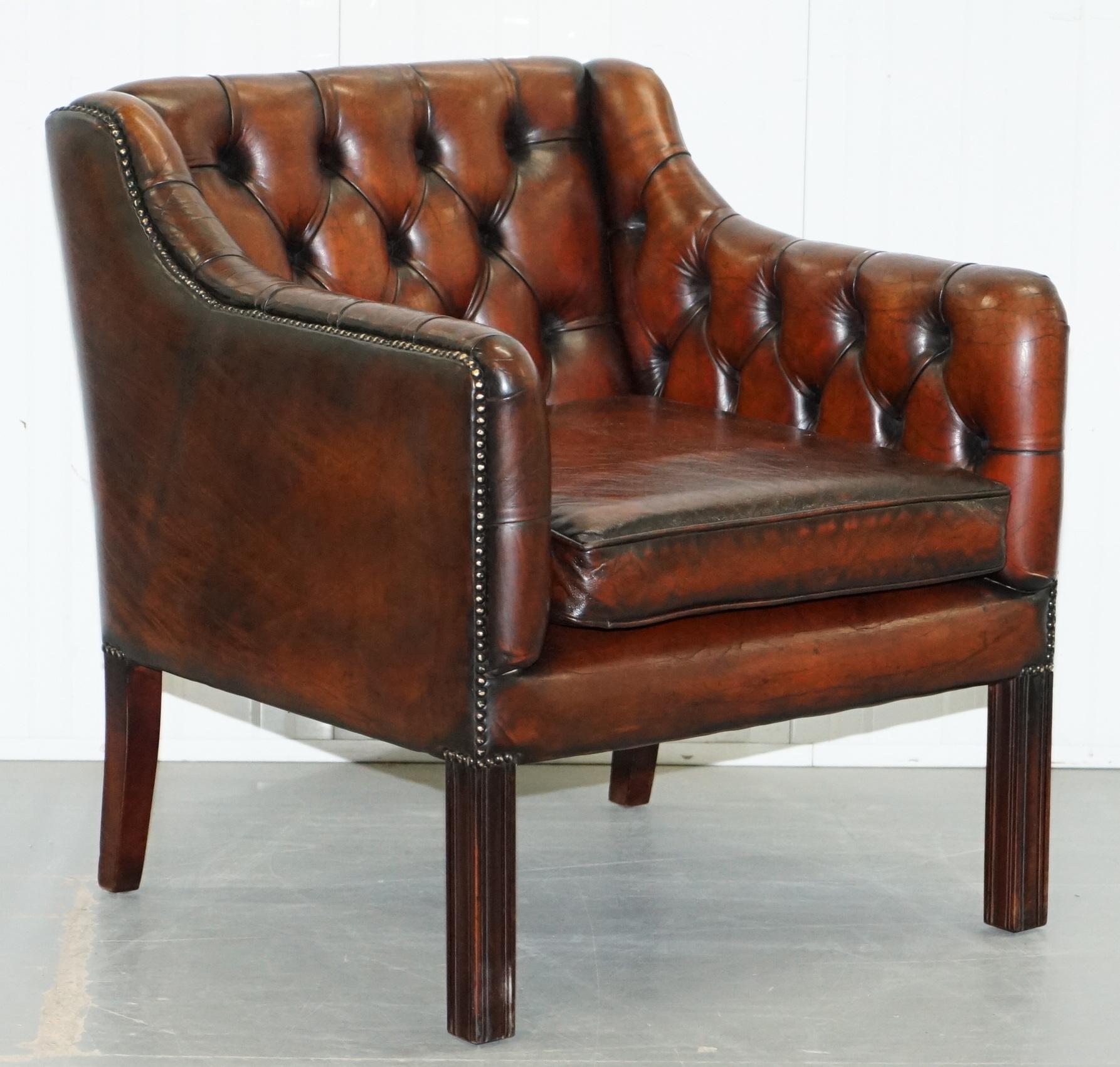 Vintage Restored Chesterfield Brown Leather Gun Suite 3-Seat Sofa and Armchair 9