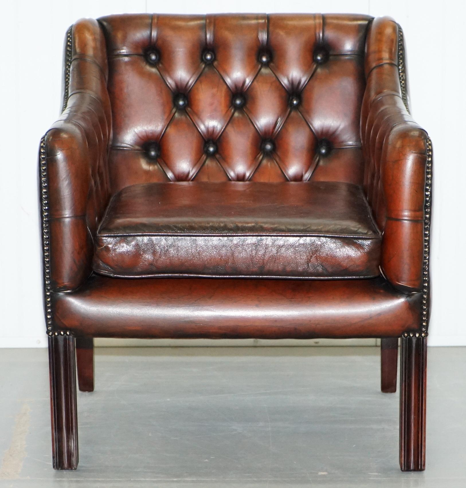 Vintage Restored Chesterfield Brown Leather Gun Suite 3-Seat Sofa and Armchair 10