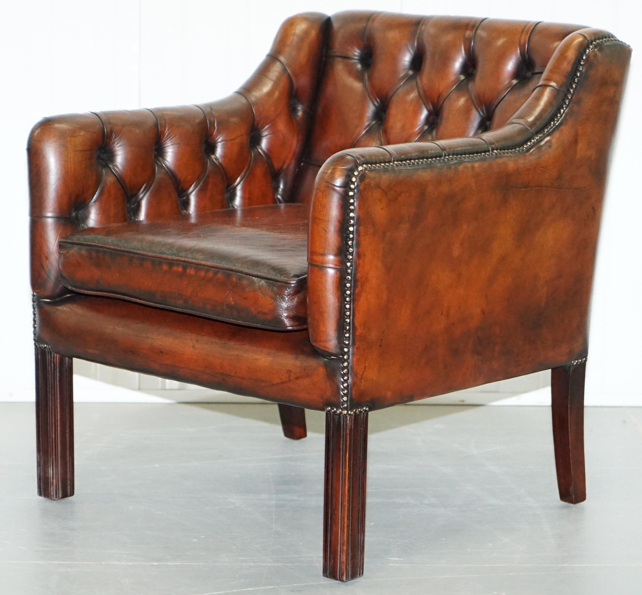 Vintage Restored Chesterfield Brown Leather Gun Suite 3-Seat Sofa and Armchair 11