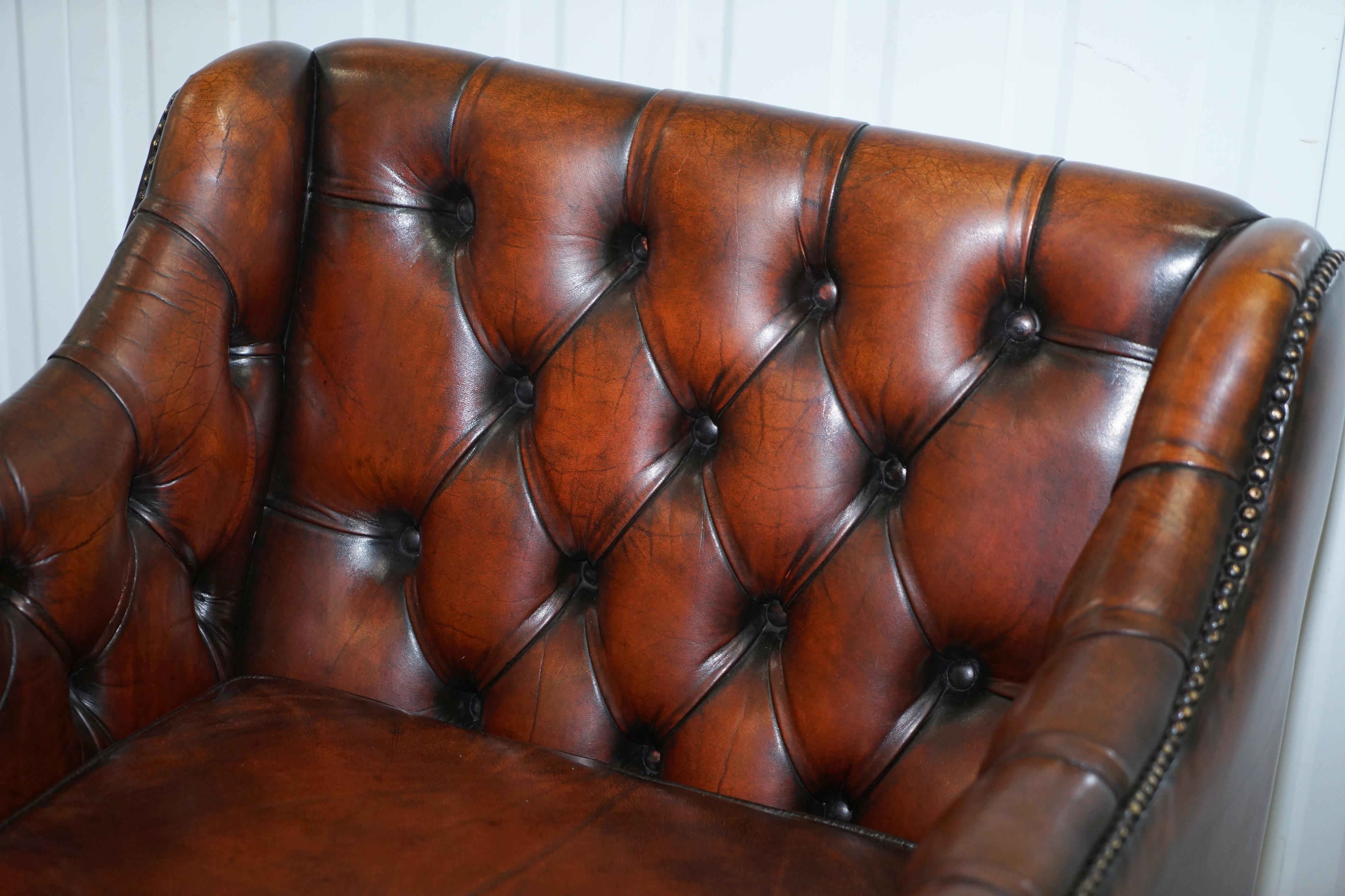 Vintage Restored Chesterfield Brown Leather Gun Suite 3-Seat Sofa and Armchair 12