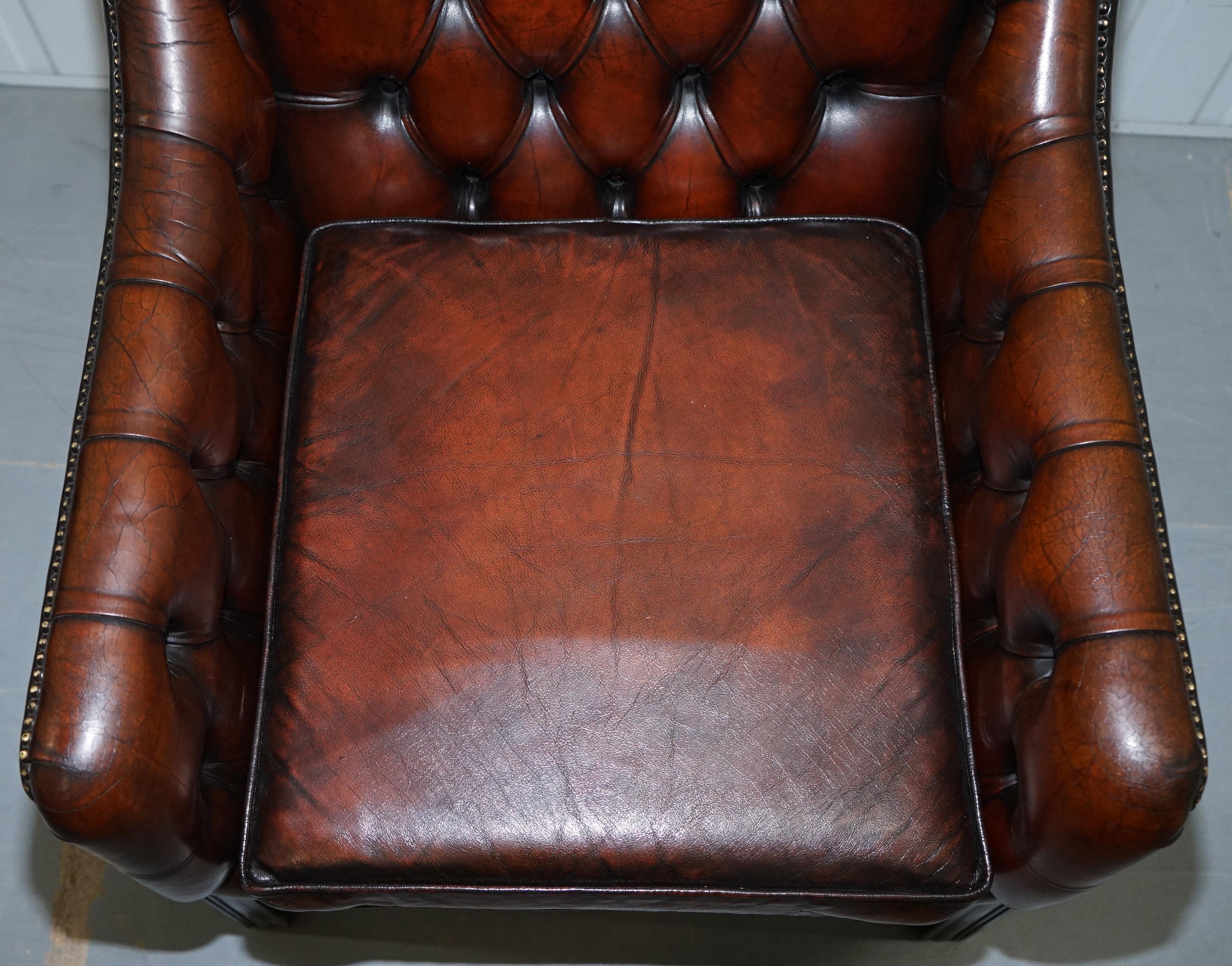 Vintage Restored Chesterfield Brown Leather Gun Suite 3-Seat Sofa and Armchair 13