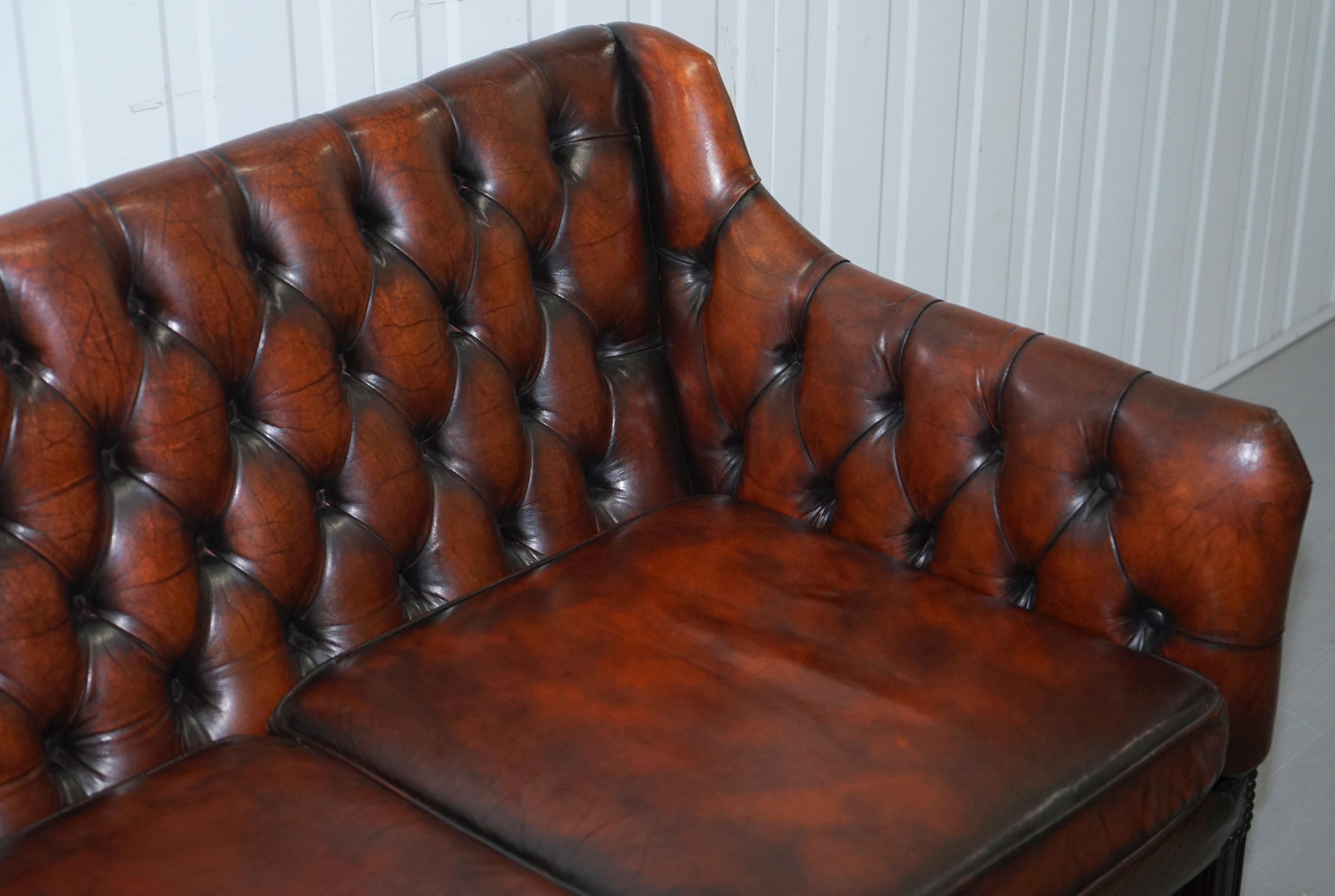 English Vintage Restored Chesterfield Brown Leather Gun Suite 3-Seat Sofa and Armchair