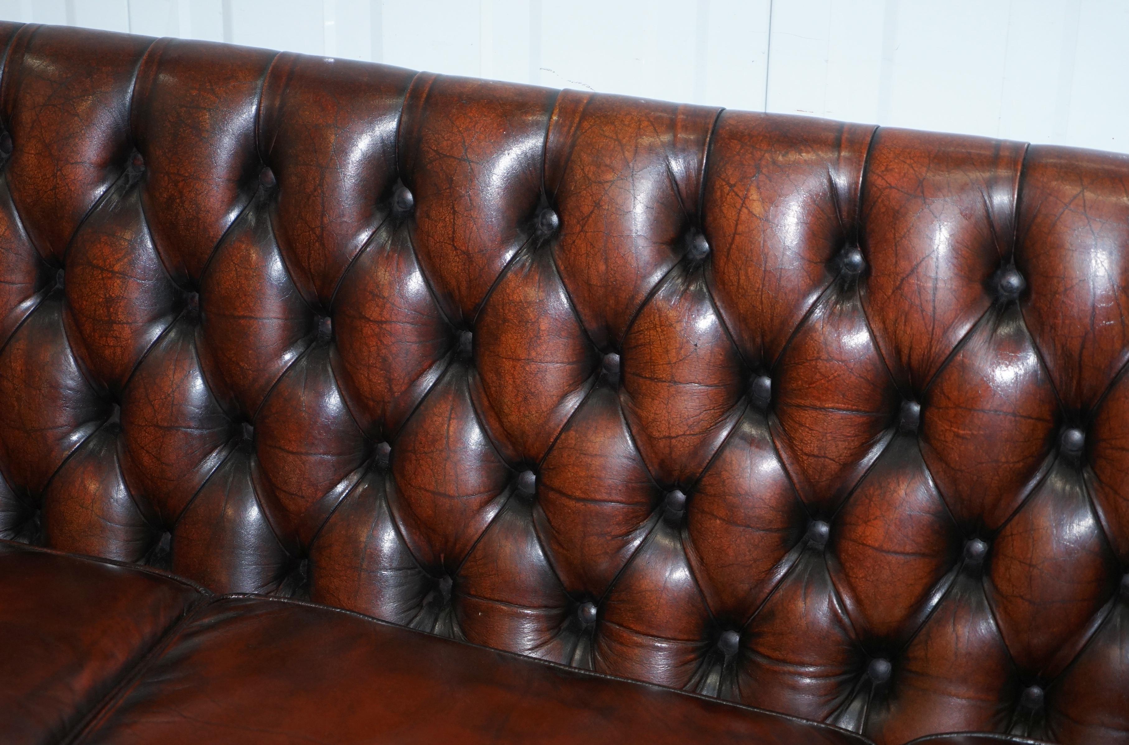Hand-Crafted Vintage Restored Chesterfield Brown Leather Gun Suite 3-Seat Sofa and Armchair
